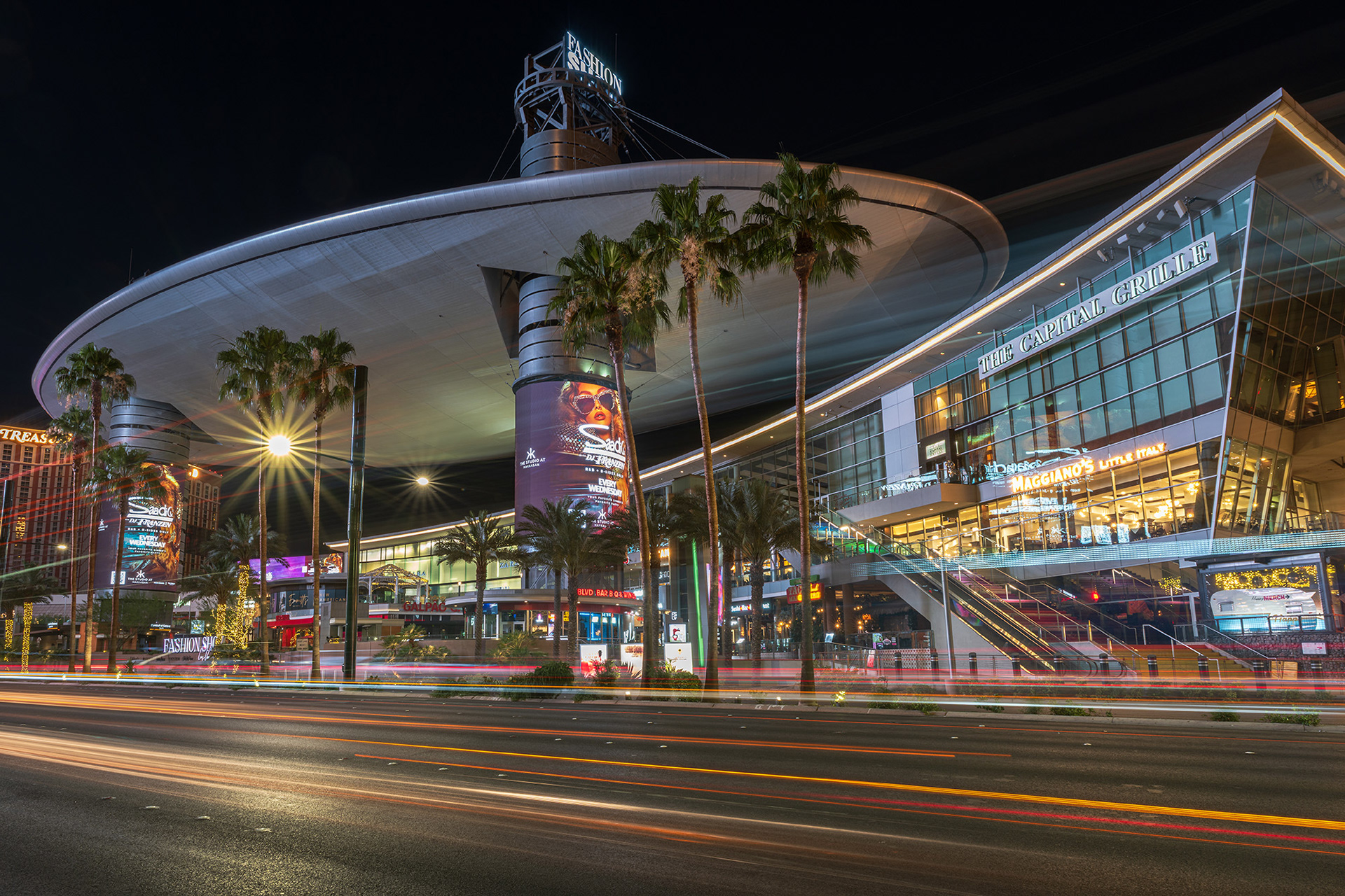 Fashion Show Mall on The Strip captured predawn in a long exposure capturing light trails from the passing traffic