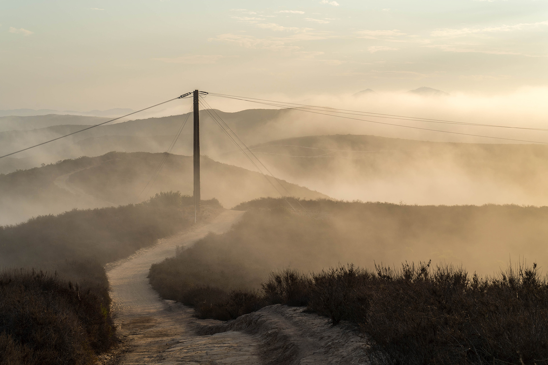 California landscape showing a winding mountain trail on a misty morning
