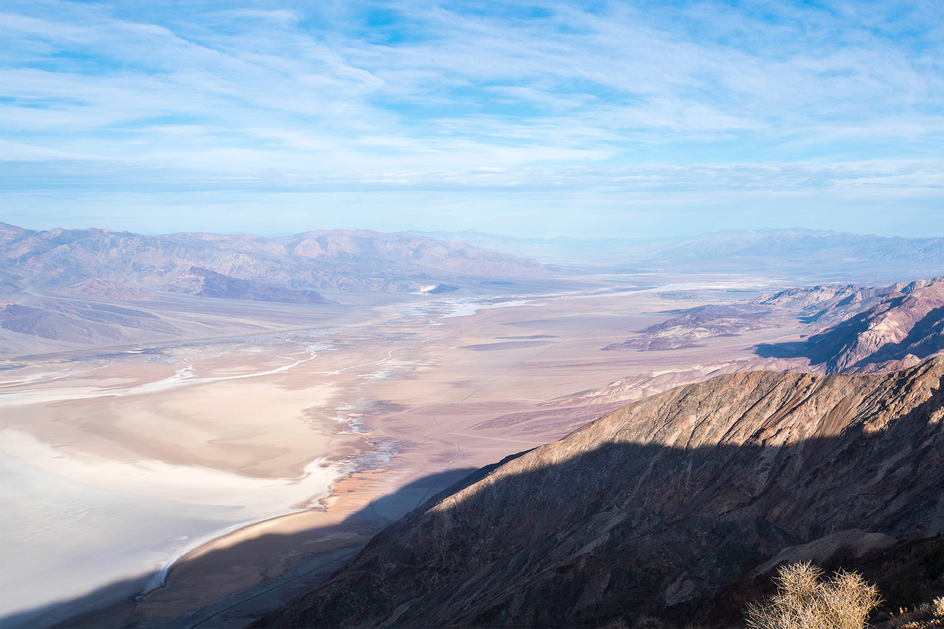 California landscape showing a desert valley view taken from a mountain ridge