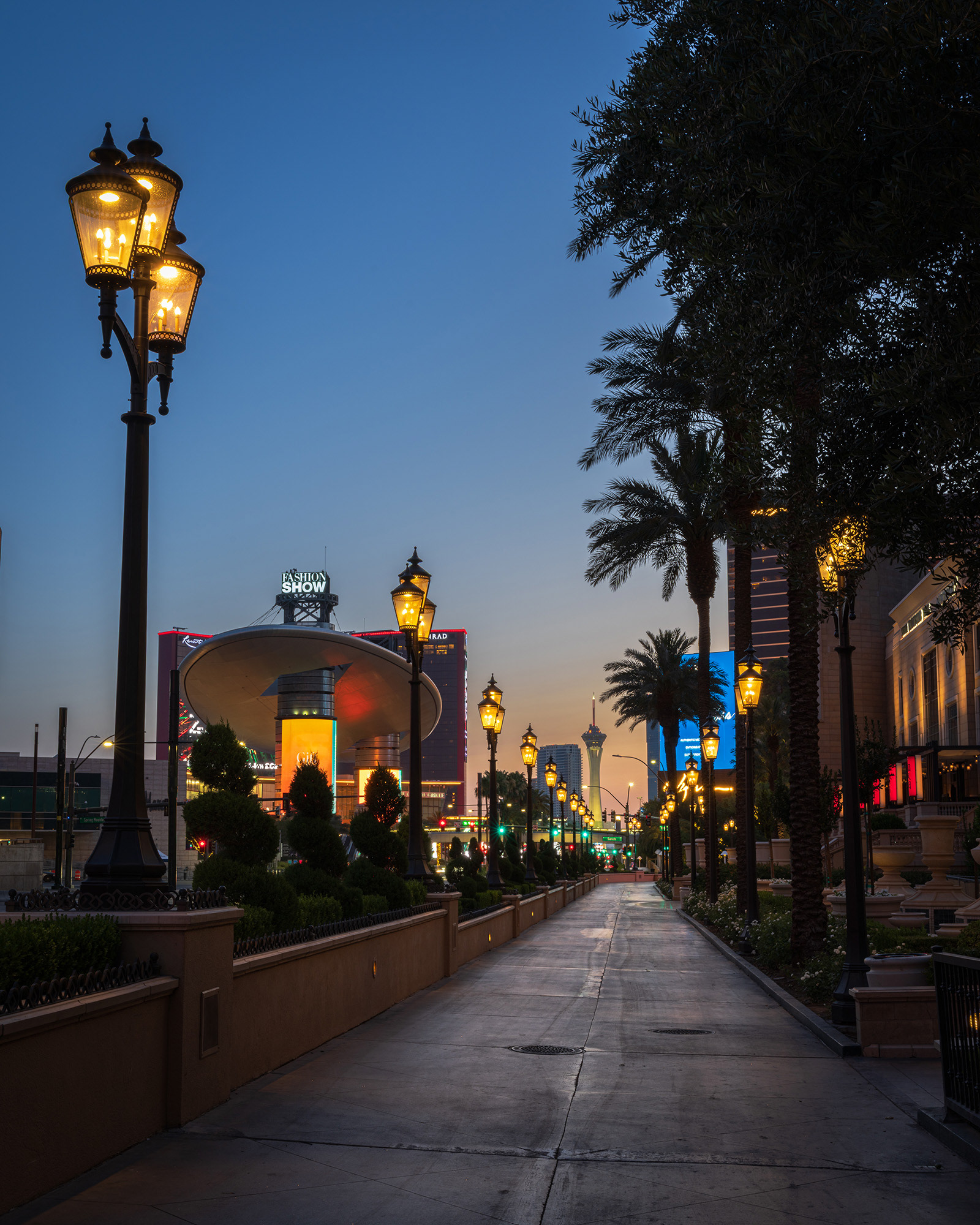View along Las Vegas Boulevard looking towards the Strat with the Fashion Show Mall in the predawn light
