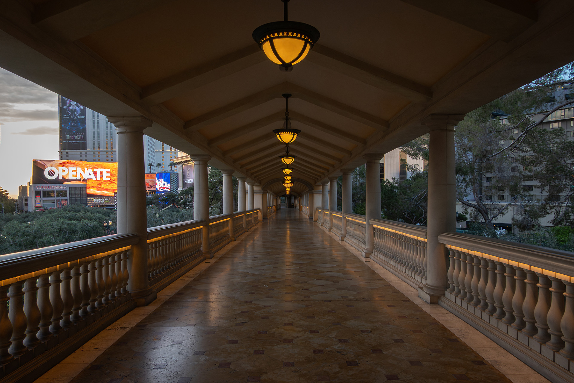 A deserted Las Vegas Bellagio covered walkway in the early morning 