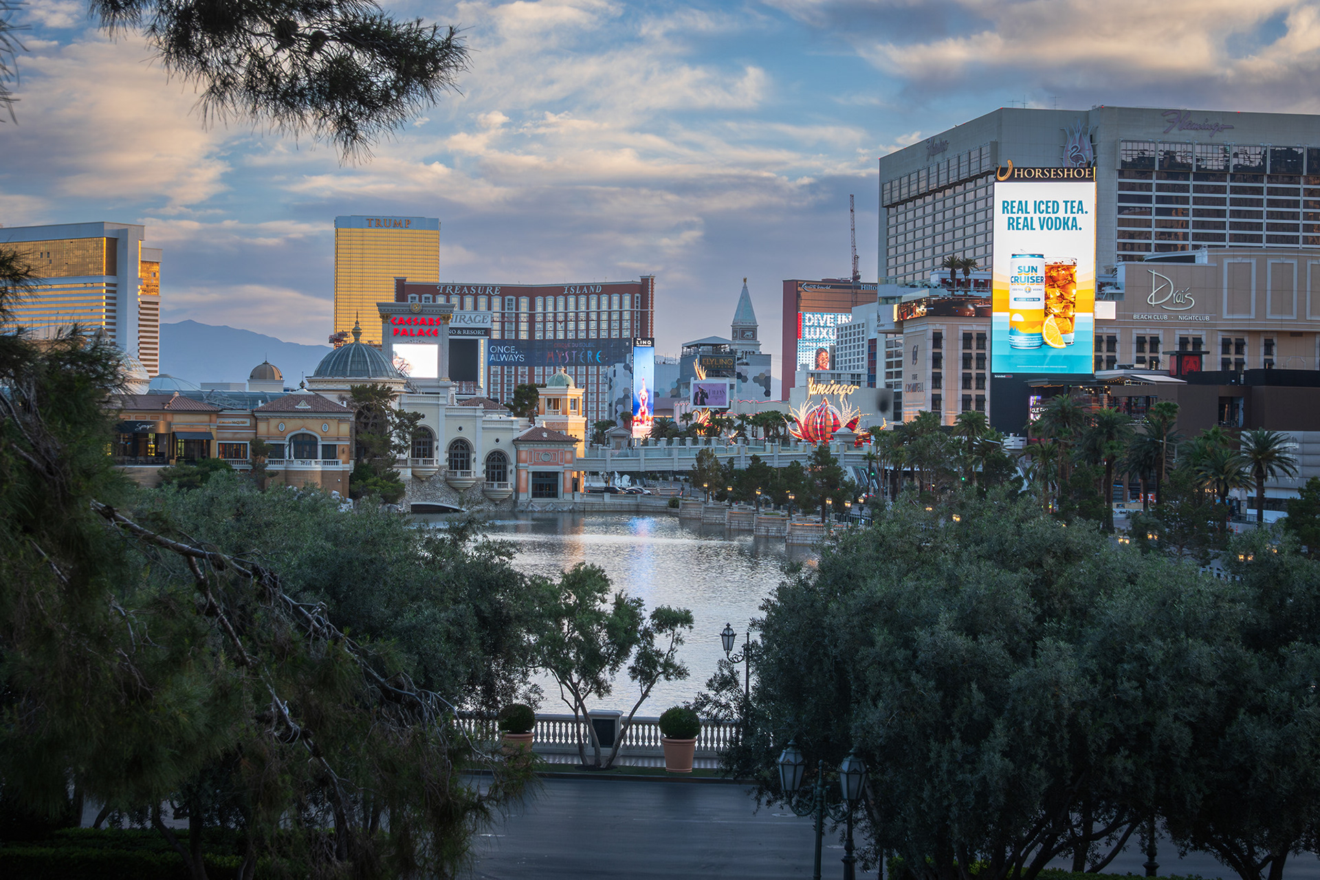 View over the Bellagio hotel frontage and lake looking up Las Vegas Boulevard