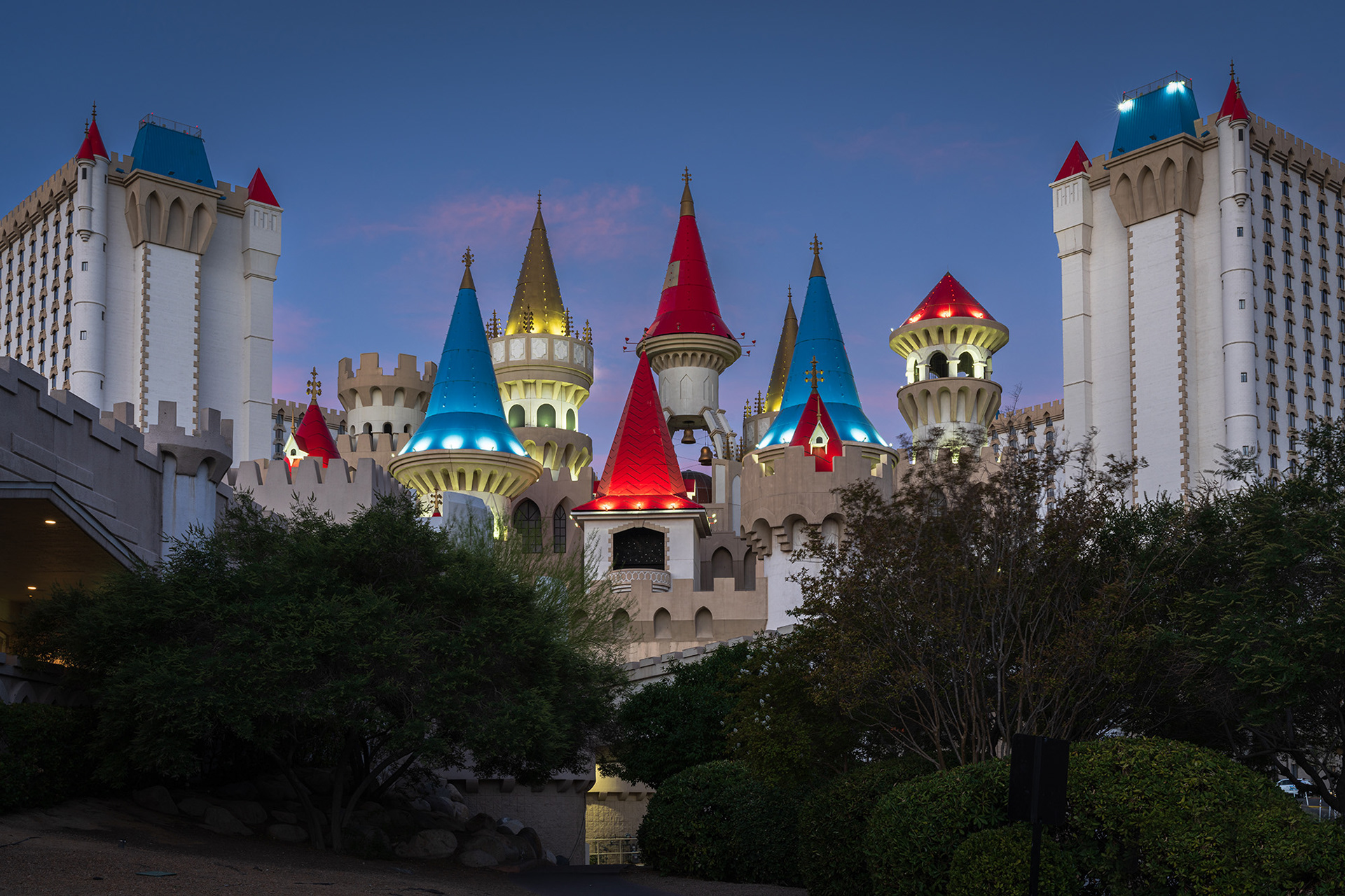 The Excalibur buildings with their castles, towers and turrets captured early in the morning before daybreak