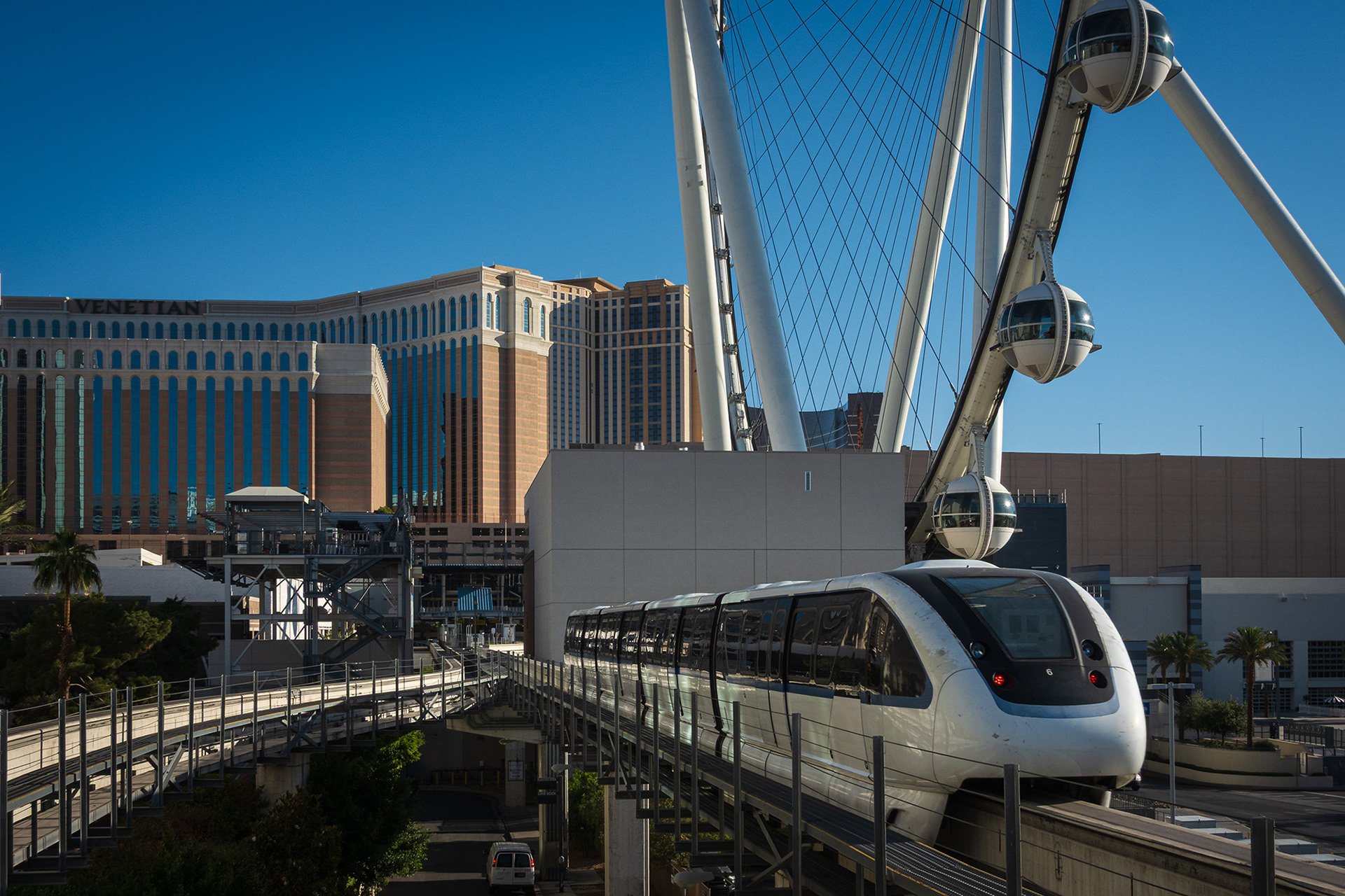 The monorail pictured by the High Roller observation wheel in Las Vegas
