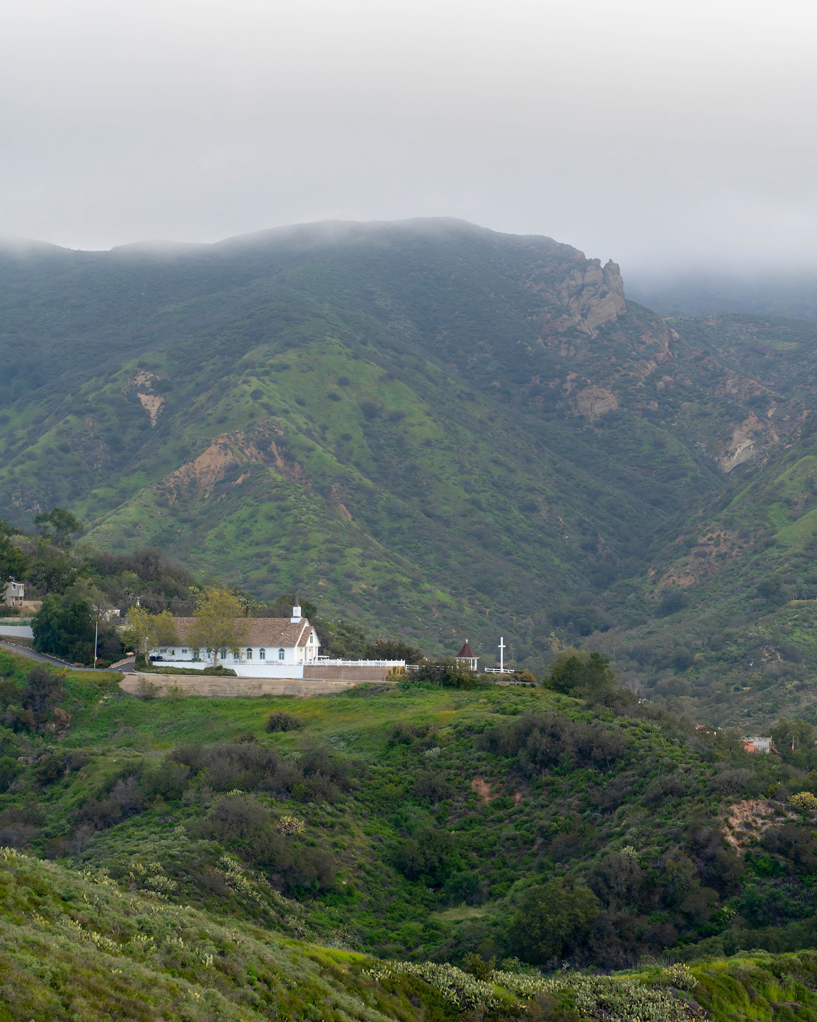 California landscape showing a church nestled in the Saddleback Mountains