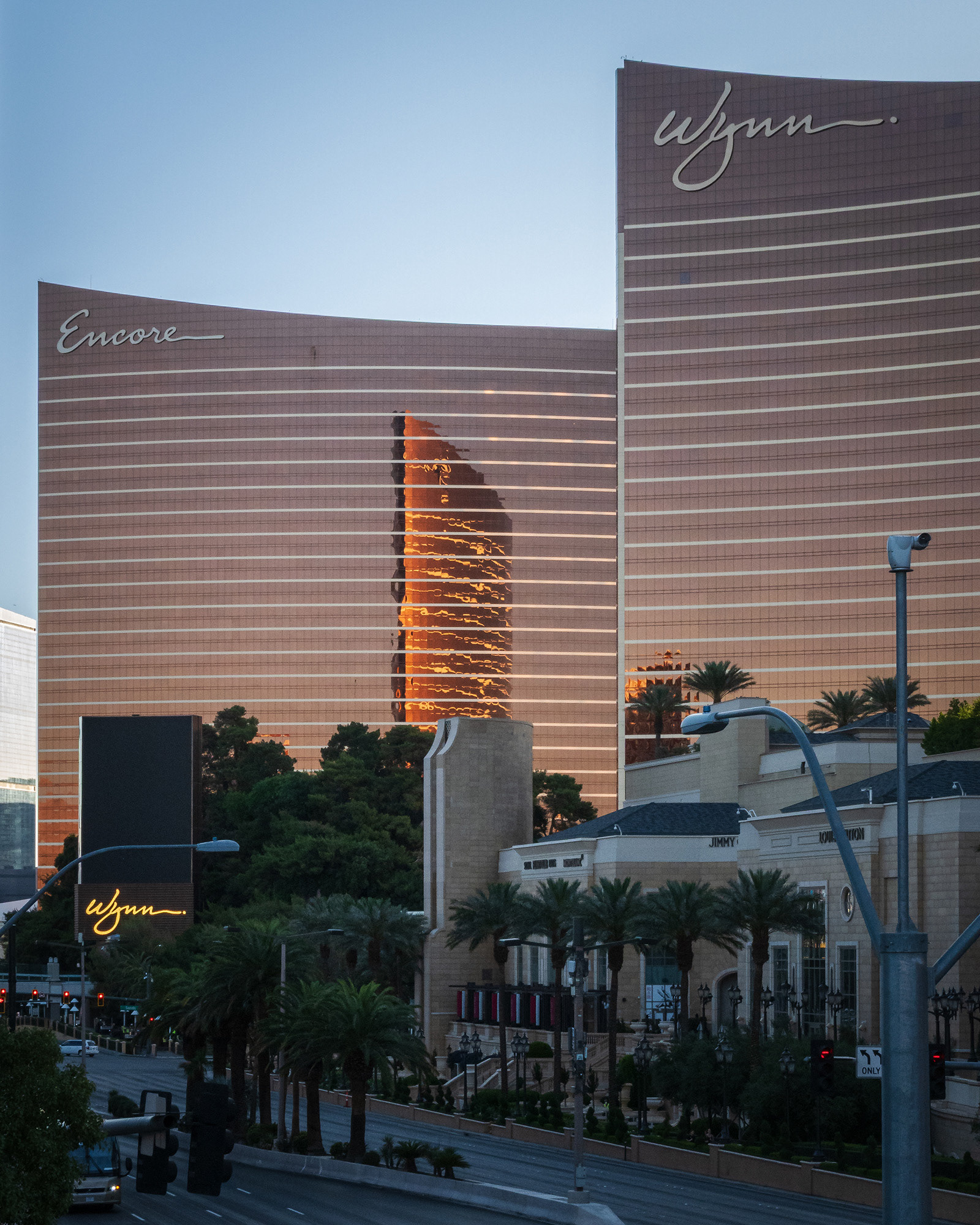 Wynn and Encore buildings of Las Vegas with early morning Wynn reflection