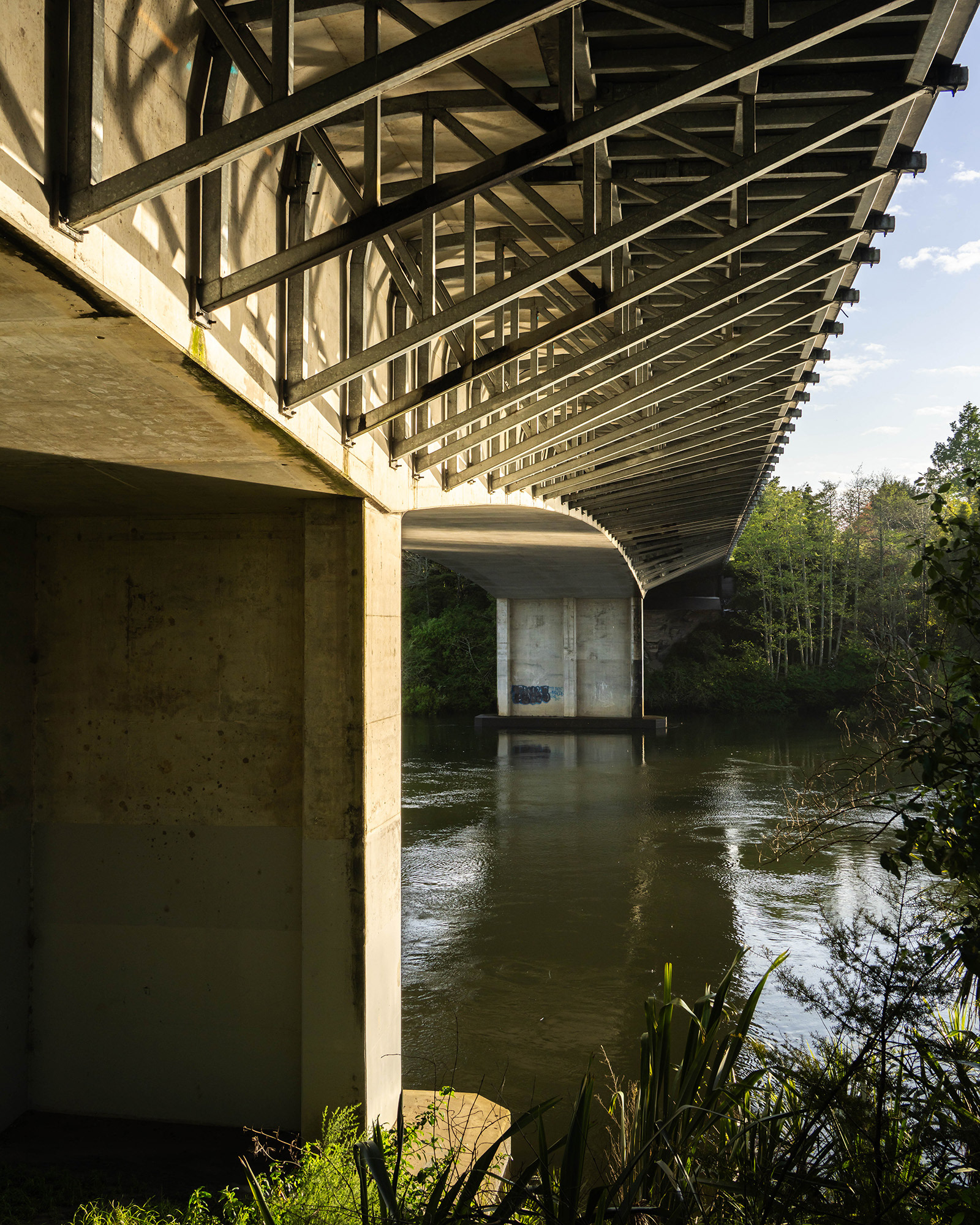 The regular and ordered Pukete Bridge structure captured in the early morning sunshine