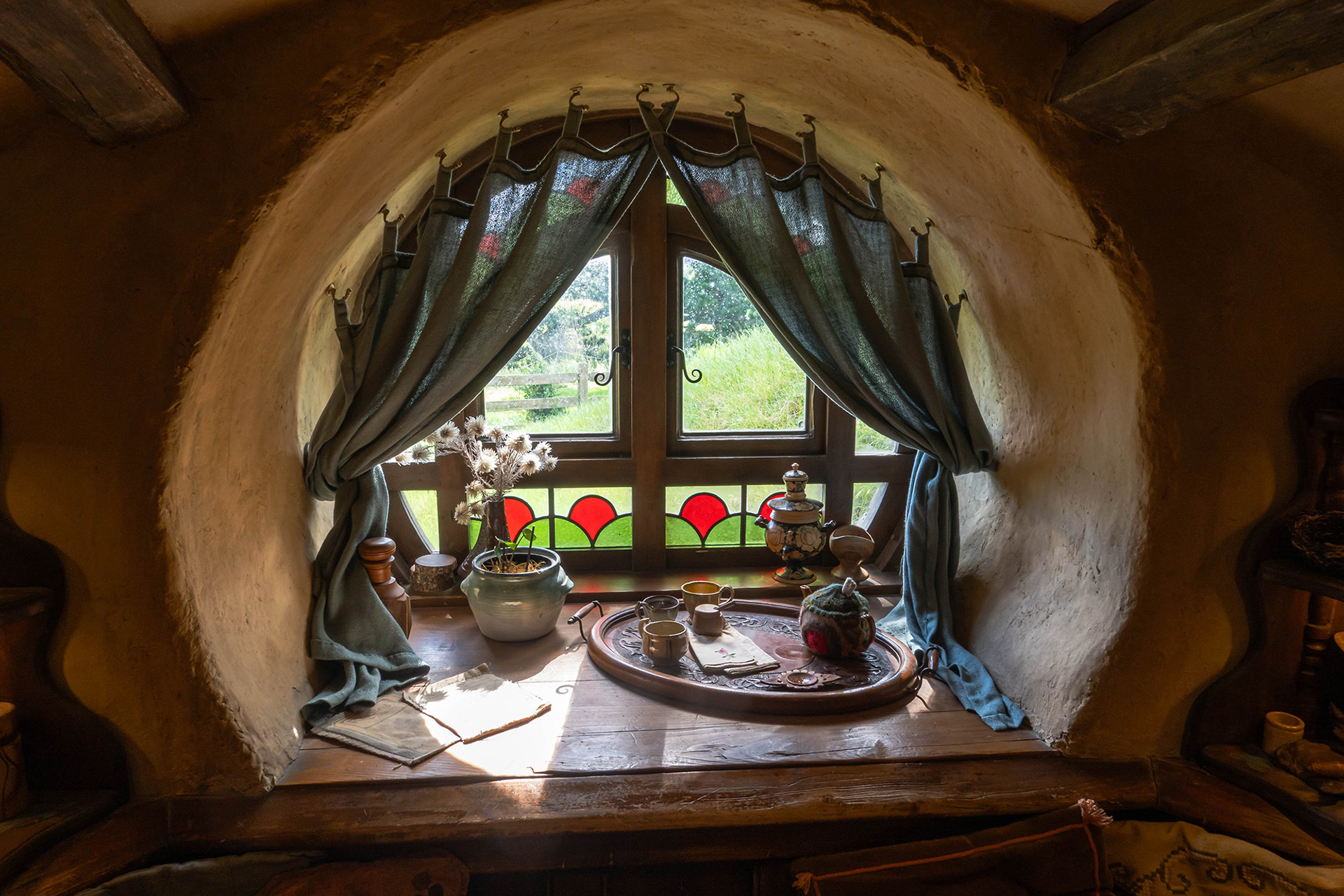 The view looking out from inside a hobbit house