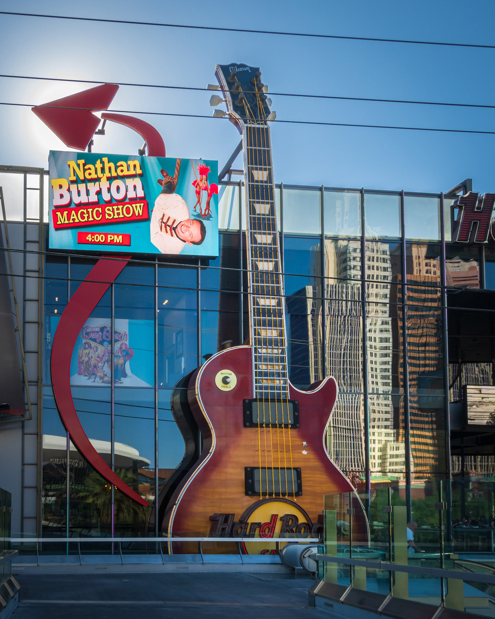 Hard Rock Café in Las Vegas reflecting the buildings of New York New York casino across the street