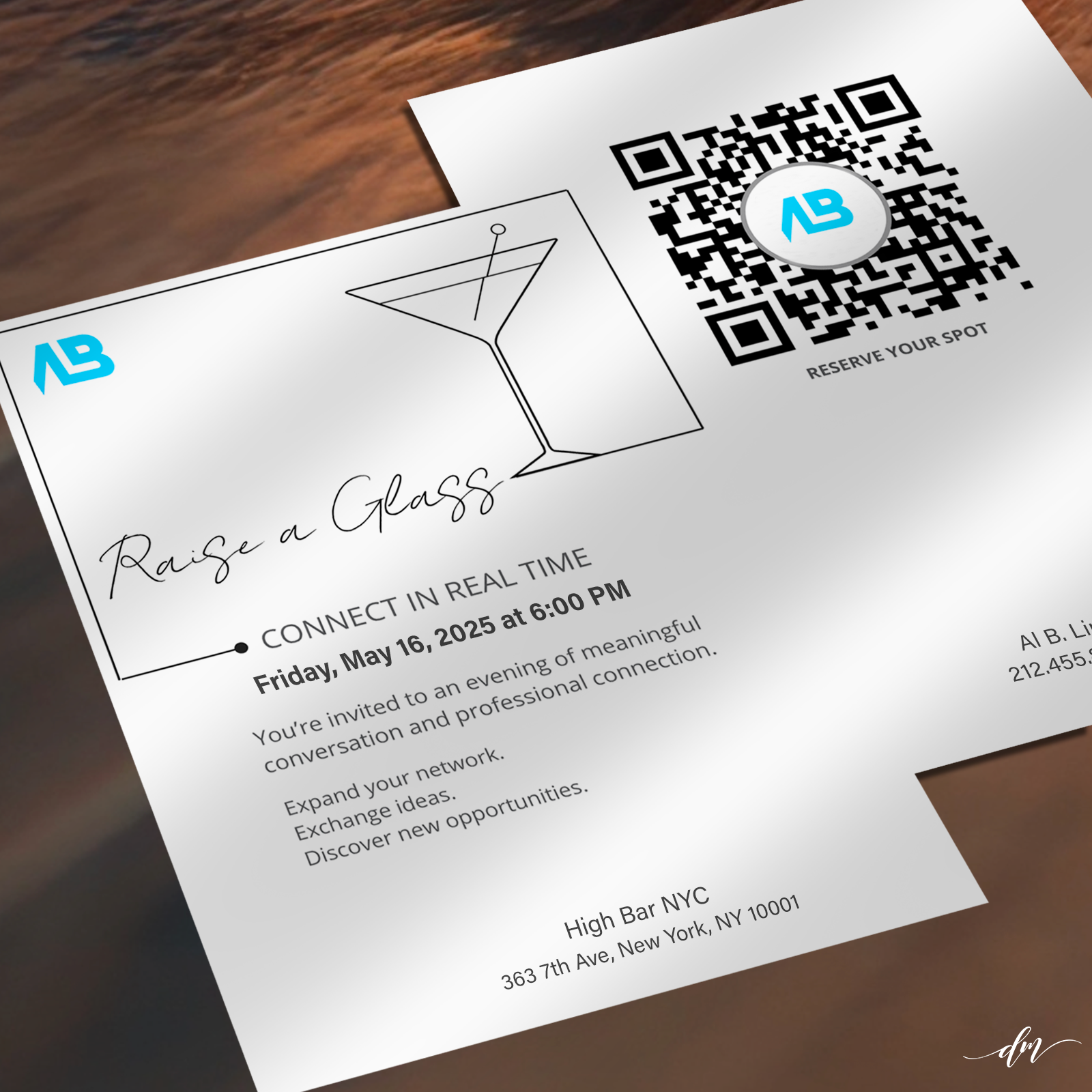Modern networking invitation design with front and back details displayed for full event experience
