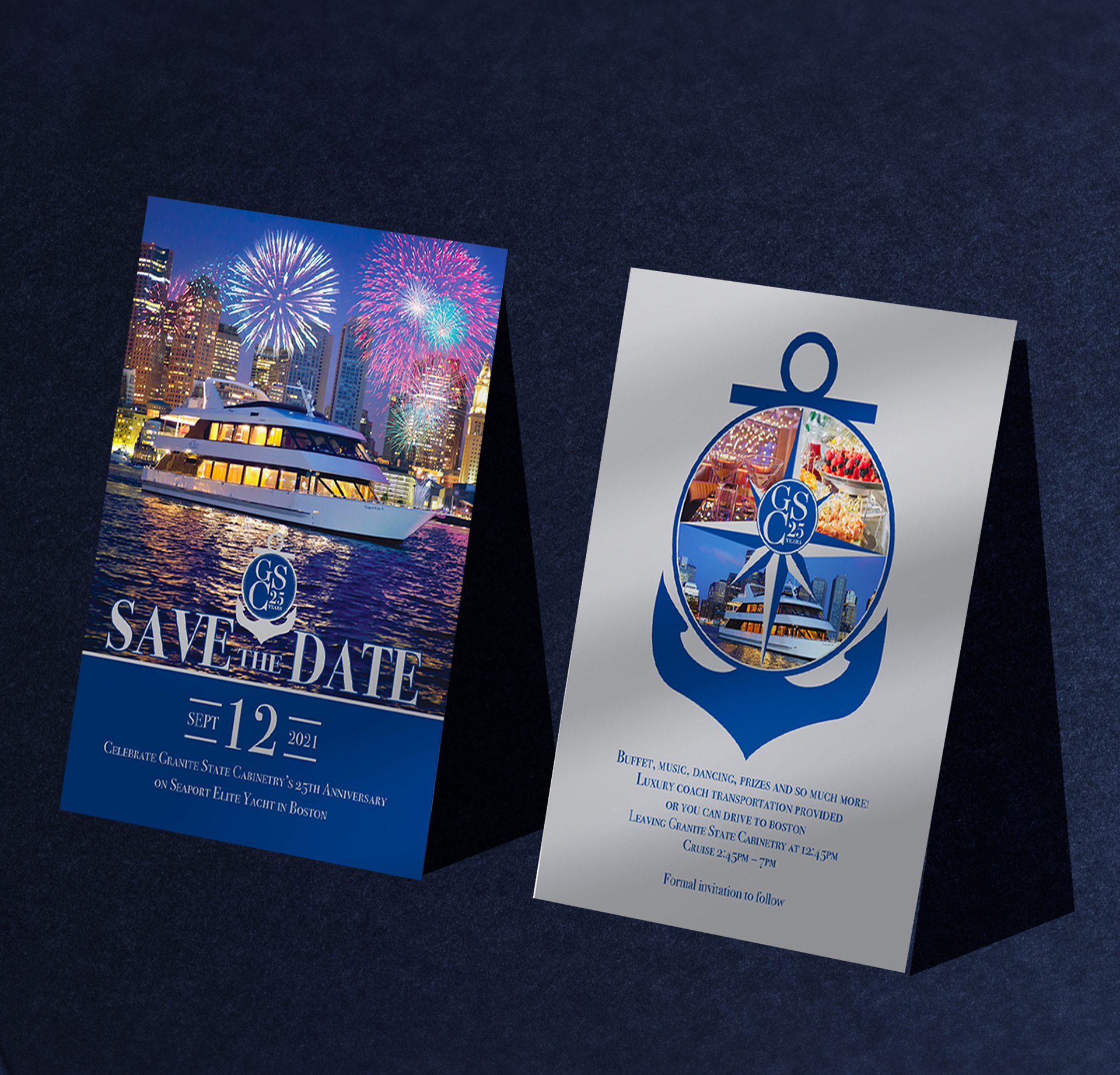 Nautical-themed Save the Date with integrated anniversary logo