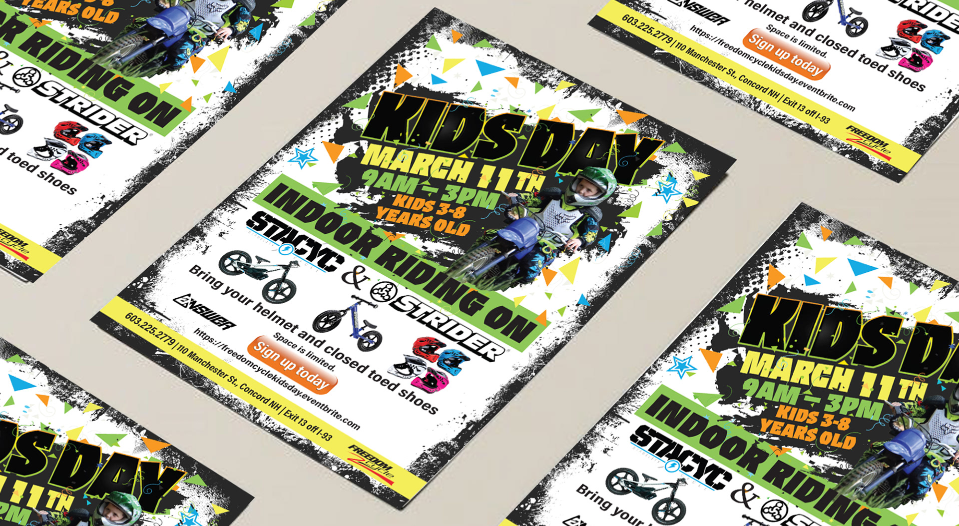 Flyer design for Freedom Cycle’s Kids Ride Event featuring STACYC and STRIDER balance bikes.