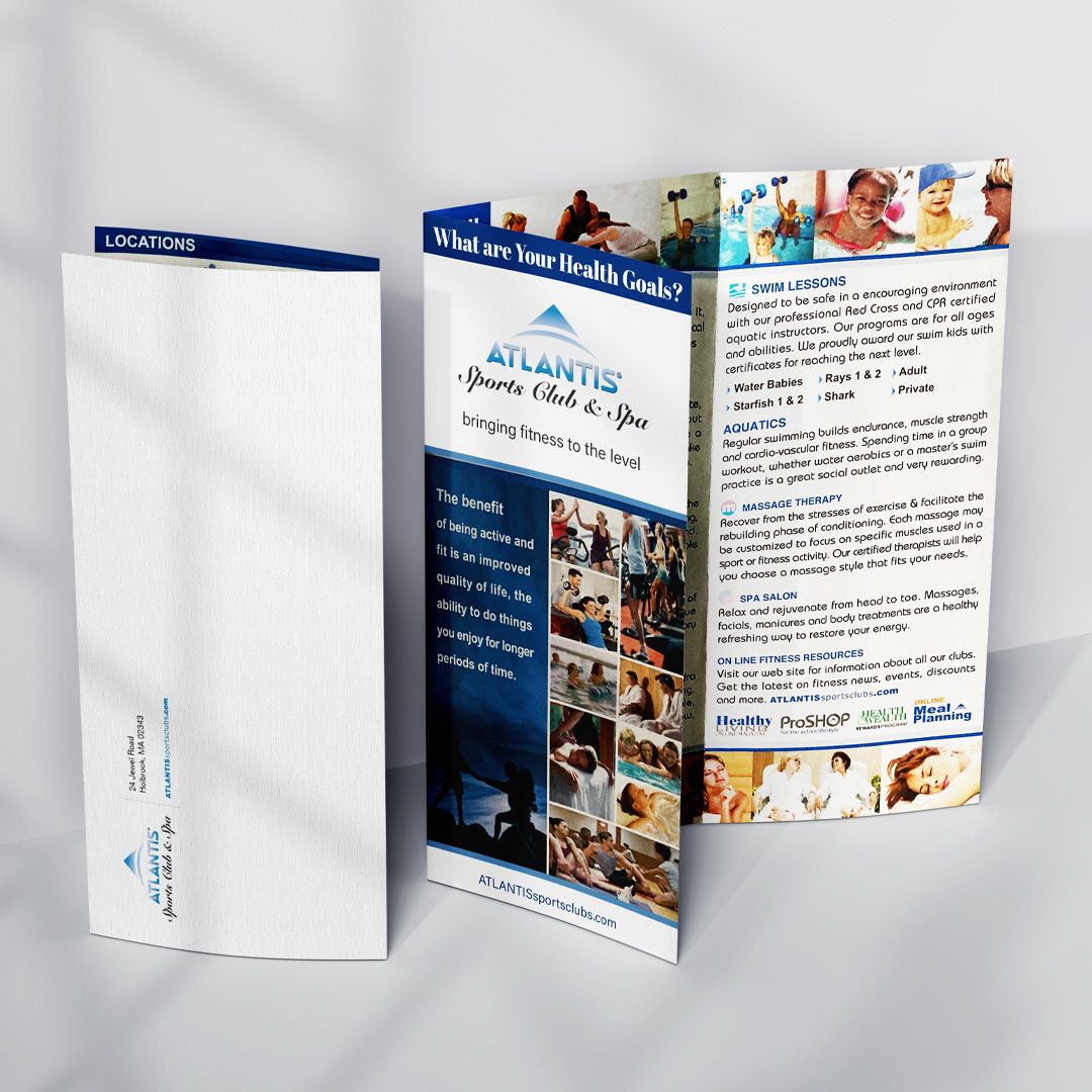 Luxury-inspired bifold brochure design for Atlantis Sports Club & Spa, tailored to upscale wellness branding