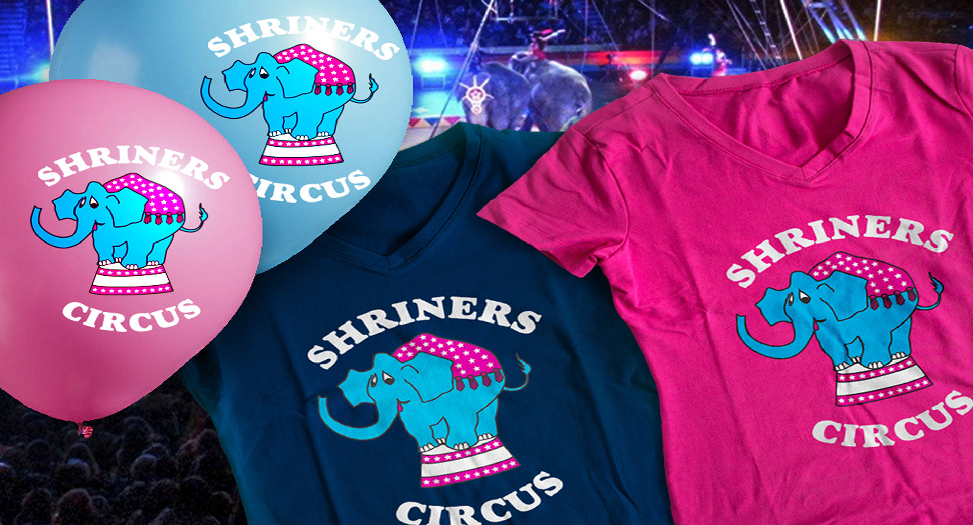 Shriners Circus Logo Shirts – Elephant logo printed on navy and magenta tees for the Shriners Circus event—vibrant design digitized for clean screen printing.