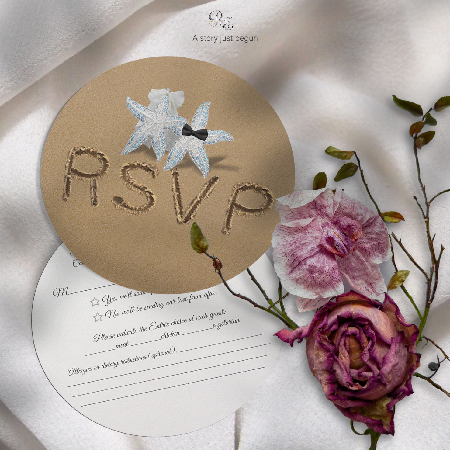 Round Starfish Beach RSVP card with bride and groom starfish gem standing above sand-carved RSVP letters, customizable response details on back.