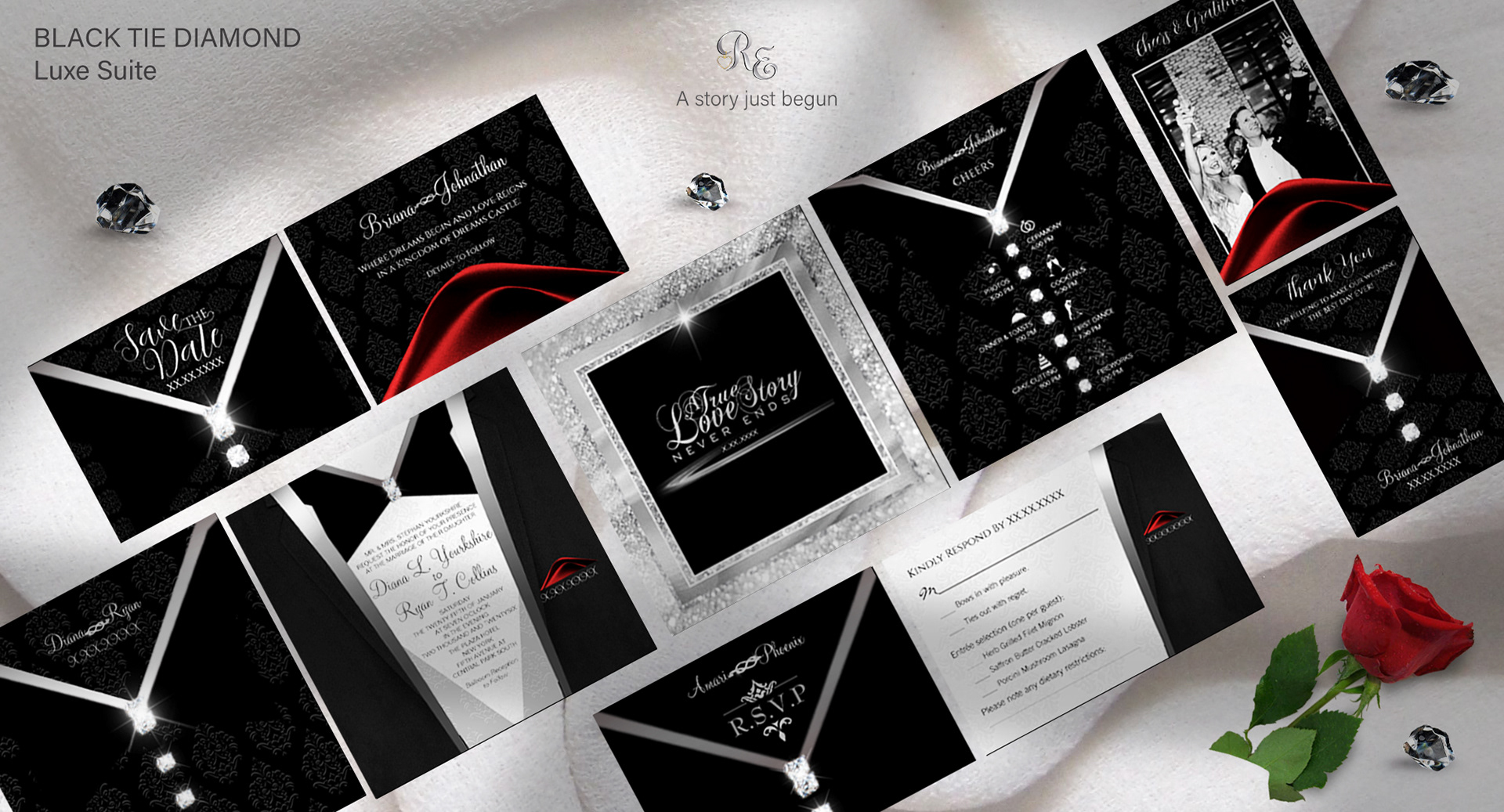 Black Tie Diamond Luxe wedding suite with bow tie design, diamond accents, and martini-inspired elegance for a chic black-tie celebration.