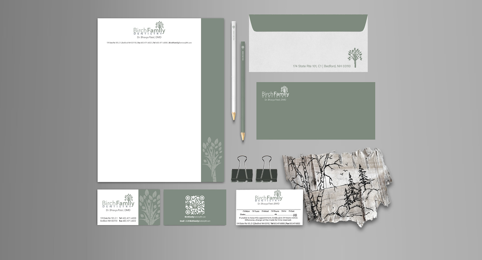 Birch Family Dentistry brand mockup featuring custom stationery, envelopes, business cards, and an appointment card placed over a birch bark curl illustration—highlighting the soothing sage green palette and symbolic birch tree family logo.