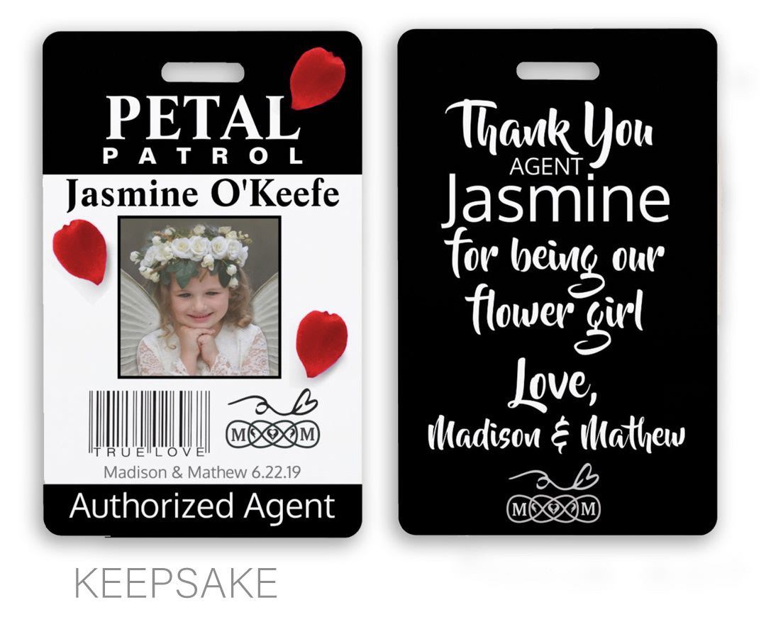 Flower Girl Petal Patrol Keepsake Badge with falling petal design, personalized photo, name, wedding date, and heartfelt thank-you on the back.