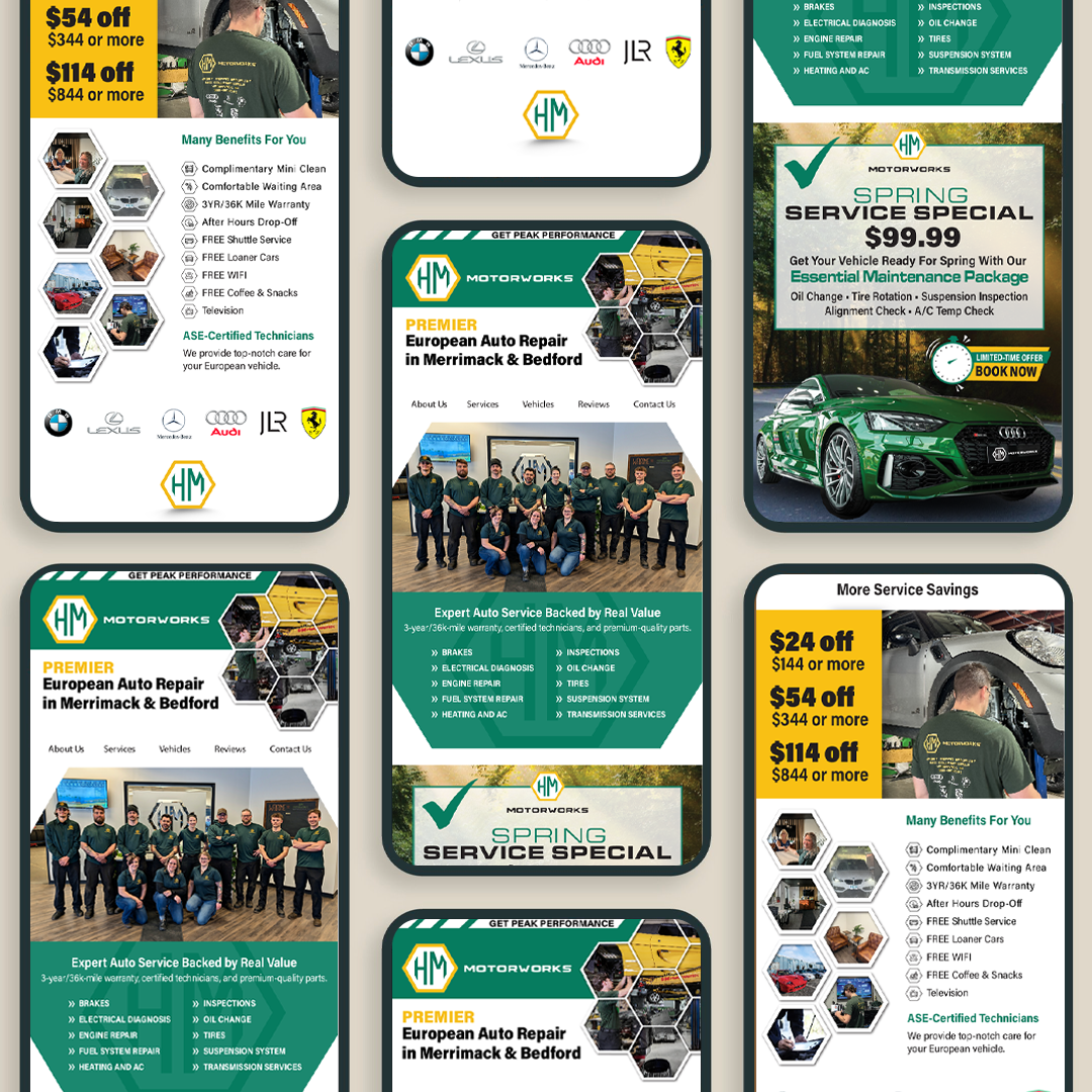 Mobile-focused email design highlighting auto repair services, amenities, and customer benefits.