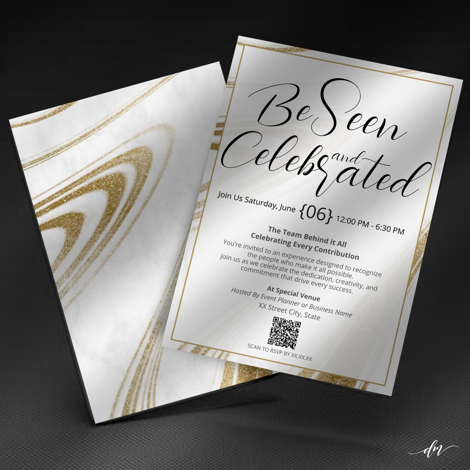 Bold contrast, refined detail—showcasing the depth and elegance of a modern recognition invitation.