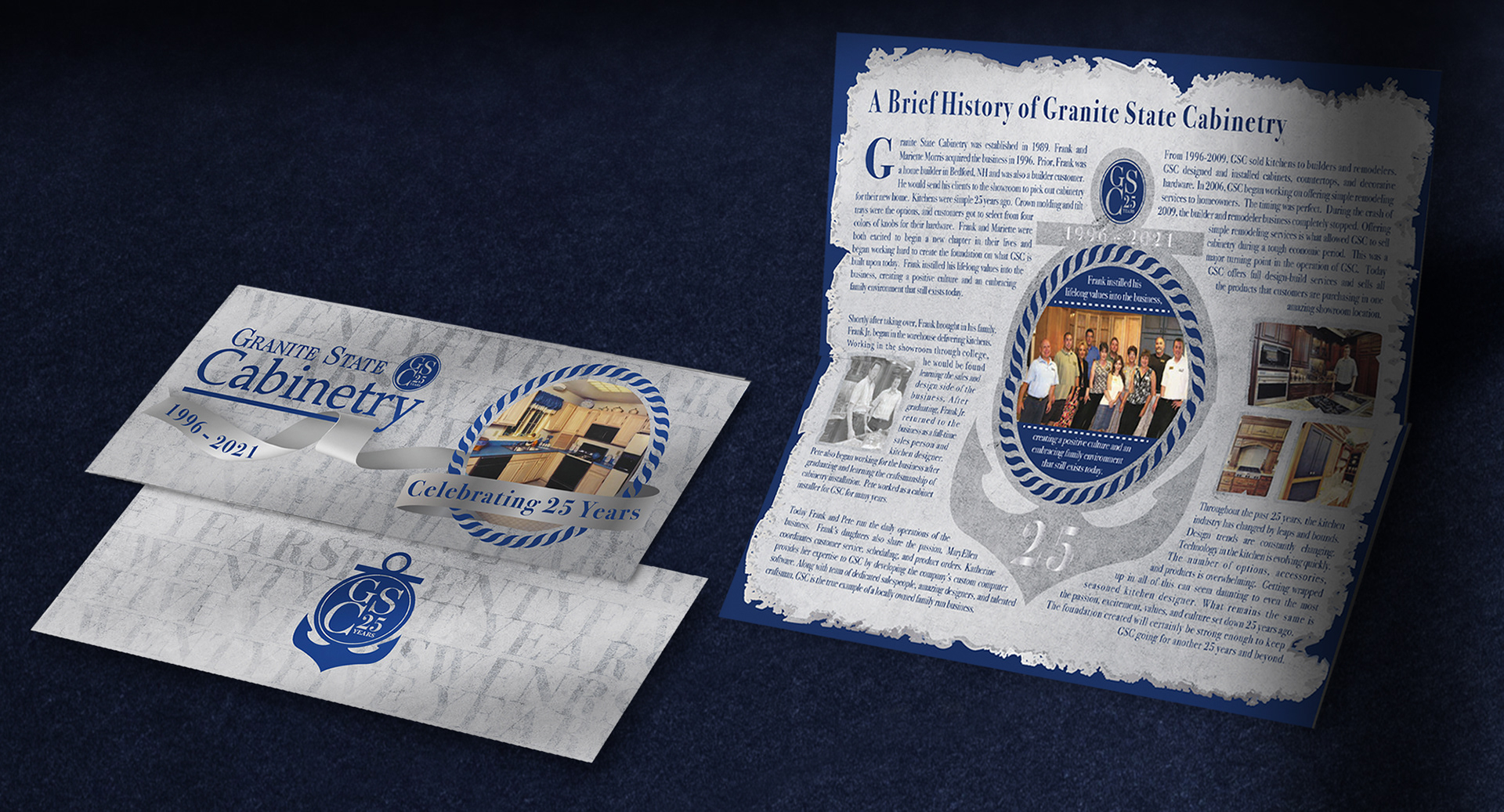 25th Anniversary history brochure design for Granite State Cabinetry, featuring custom nautical theme and photo-framed anchor design by professional brand designer.