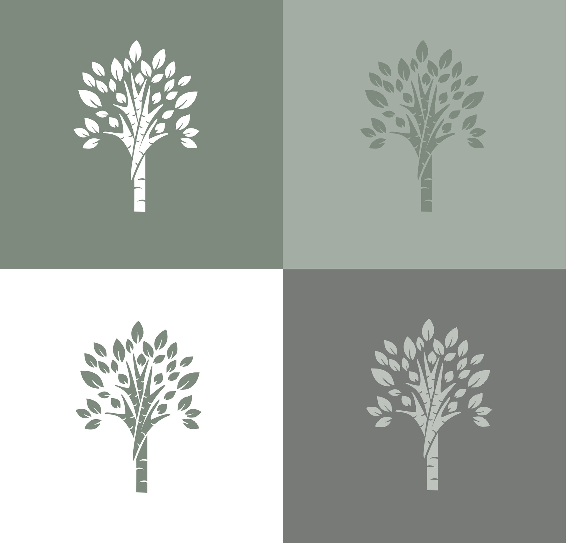 Versatile logo mark variations in soft tints of sage and white reflect the brand’s natural warmth and adaptability across backgrounds.