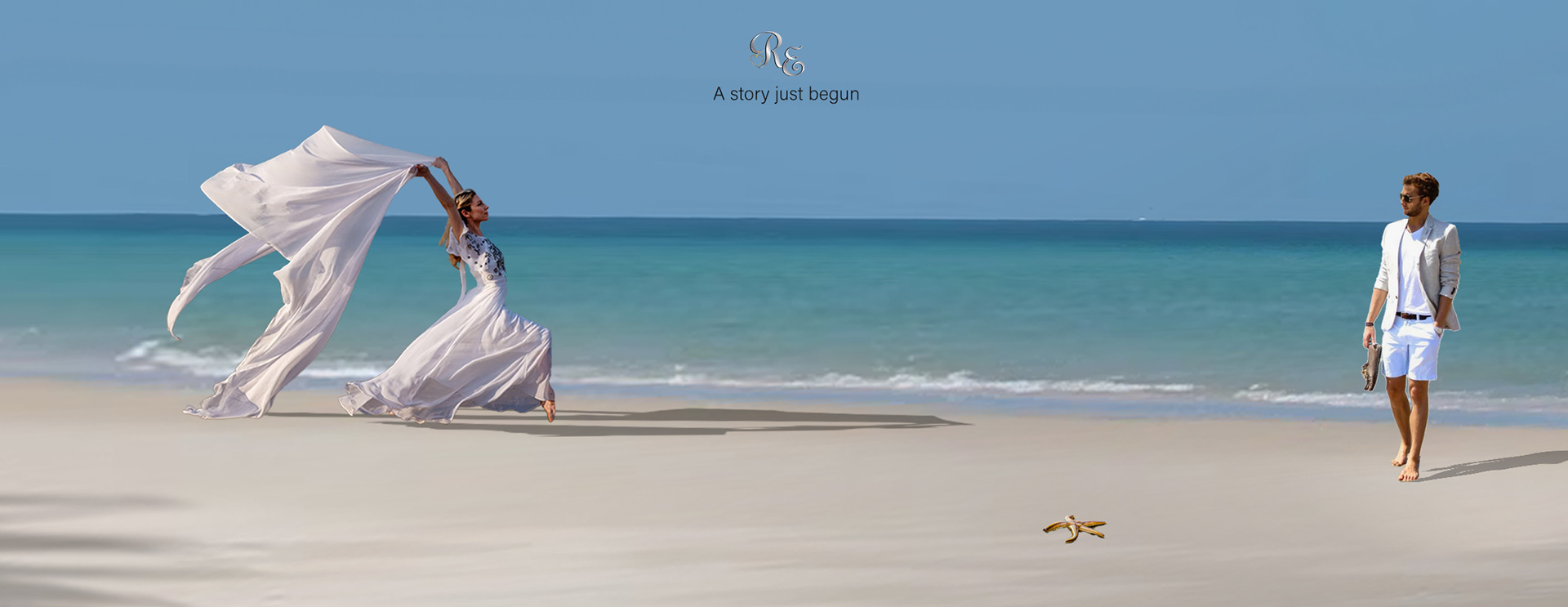 Bride walking along the beach with veil drifting in the breeze toward her groom, starfish in the sand, blue sky. ( inspiration for the Starfish Beach Gem wedding theme.)