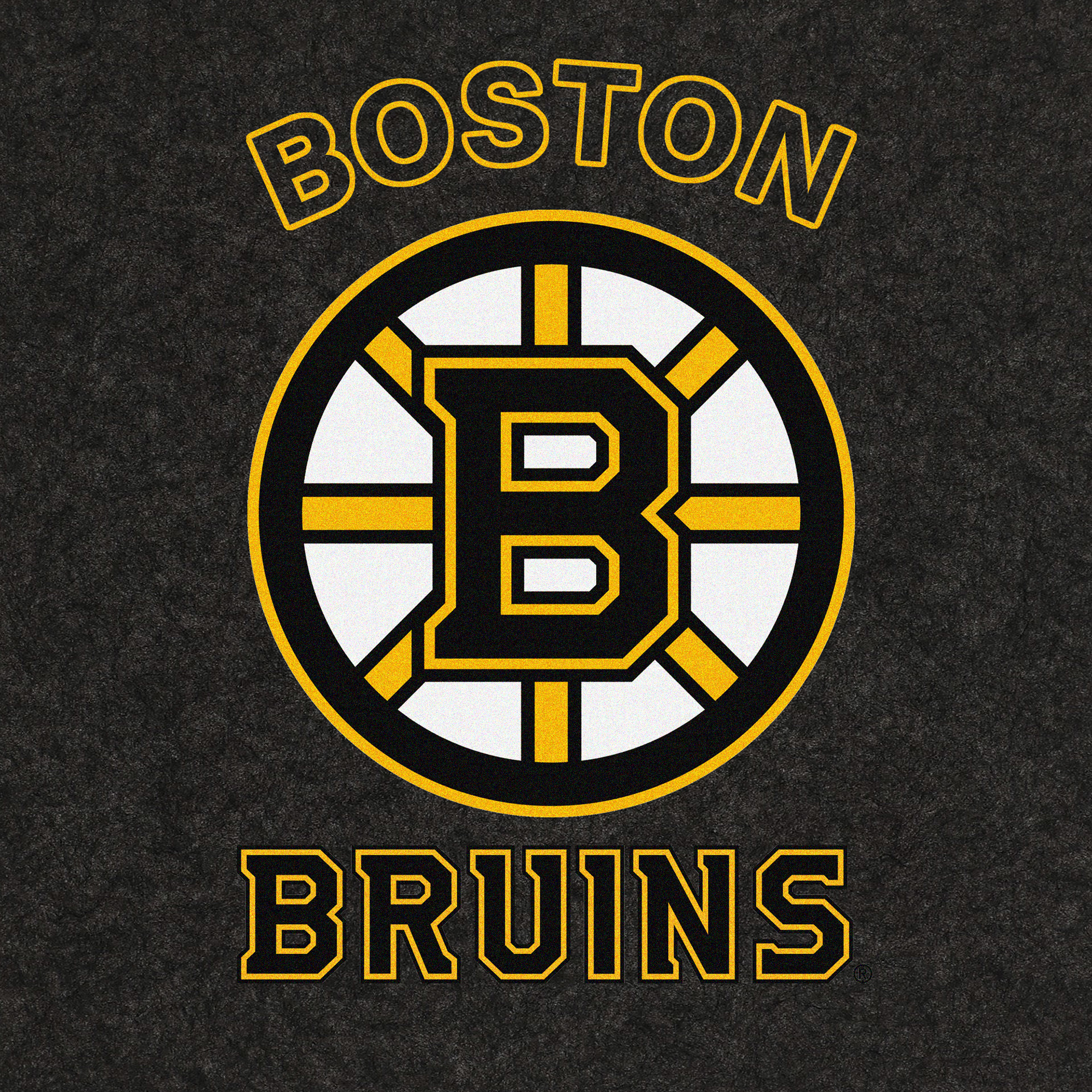 Boston Bruins logo test print in gold and white on black pellon, showcasing clean contrast and screen print precision.