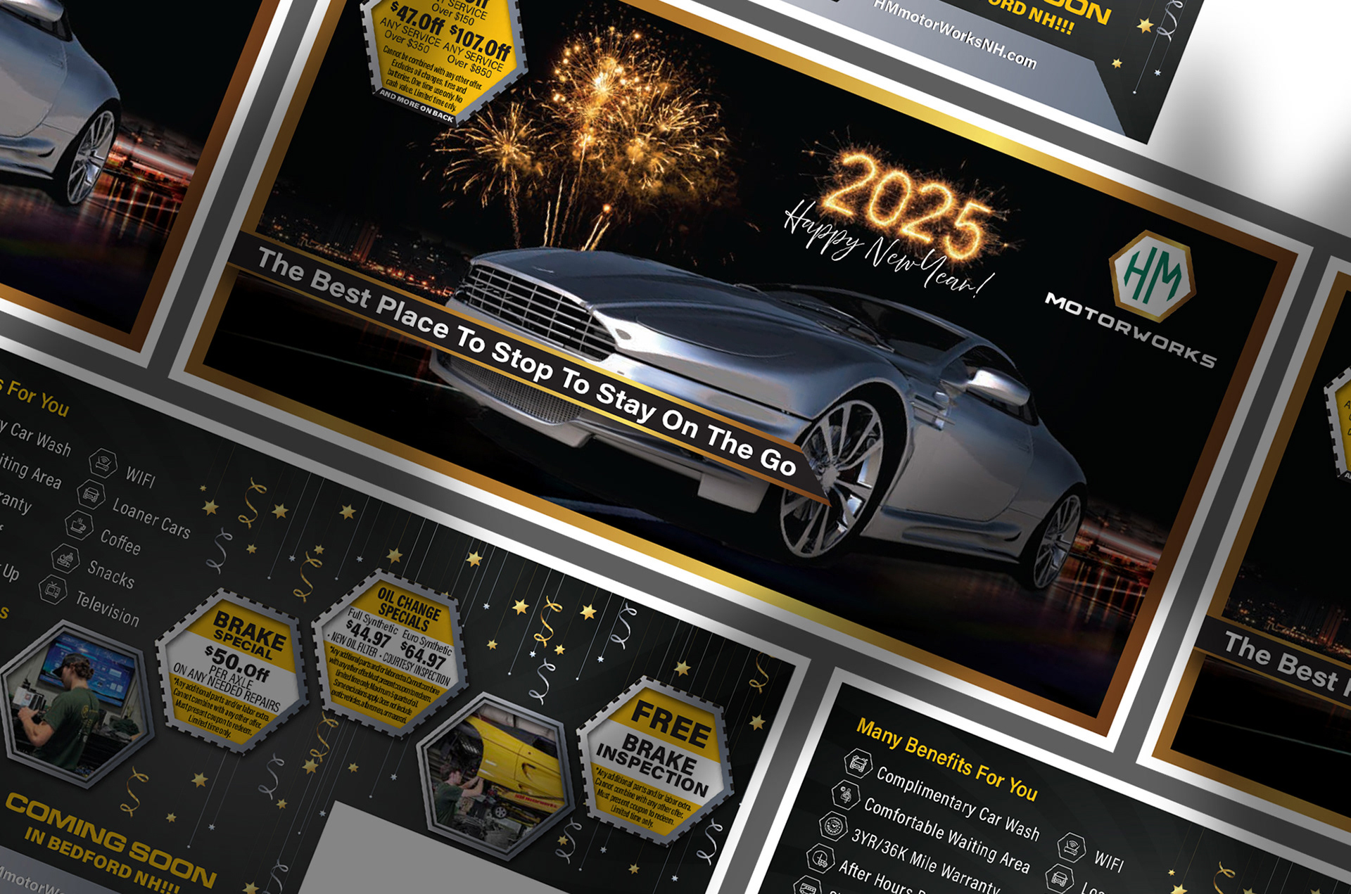Luxury New Year postcard design featuring a silver car with golden fireworks and “2025” in the background. Includes tagline: “The best place to stop to stay on the go.”
