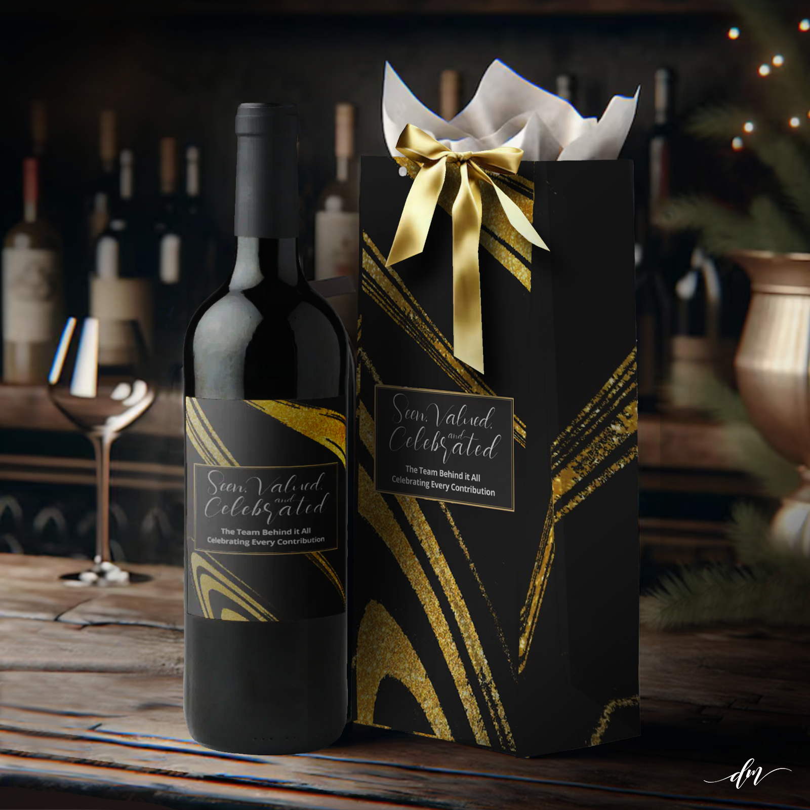 Elegant black and gold marble wine label with coordinating gift bag.