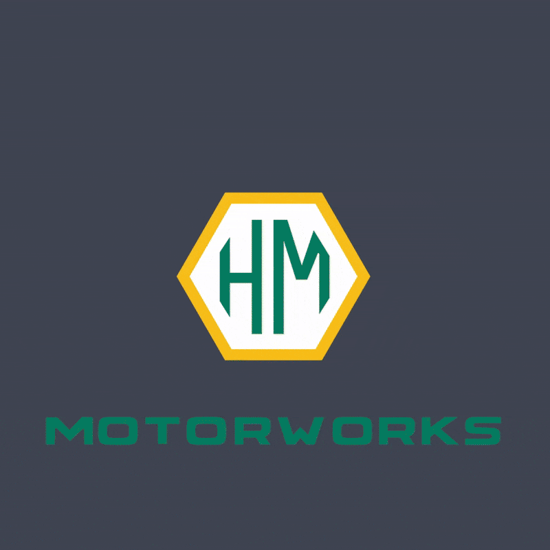 Animated preview showing hexagon-framed photos and coupons, inspired by the HM Motorworks hexagon-shaped logo mark.