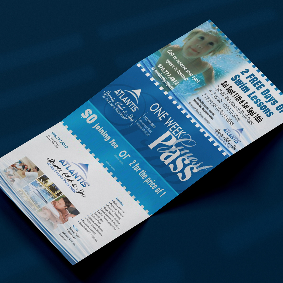 Handout brochure promoting swim lessons with a free coupon and guest pass
