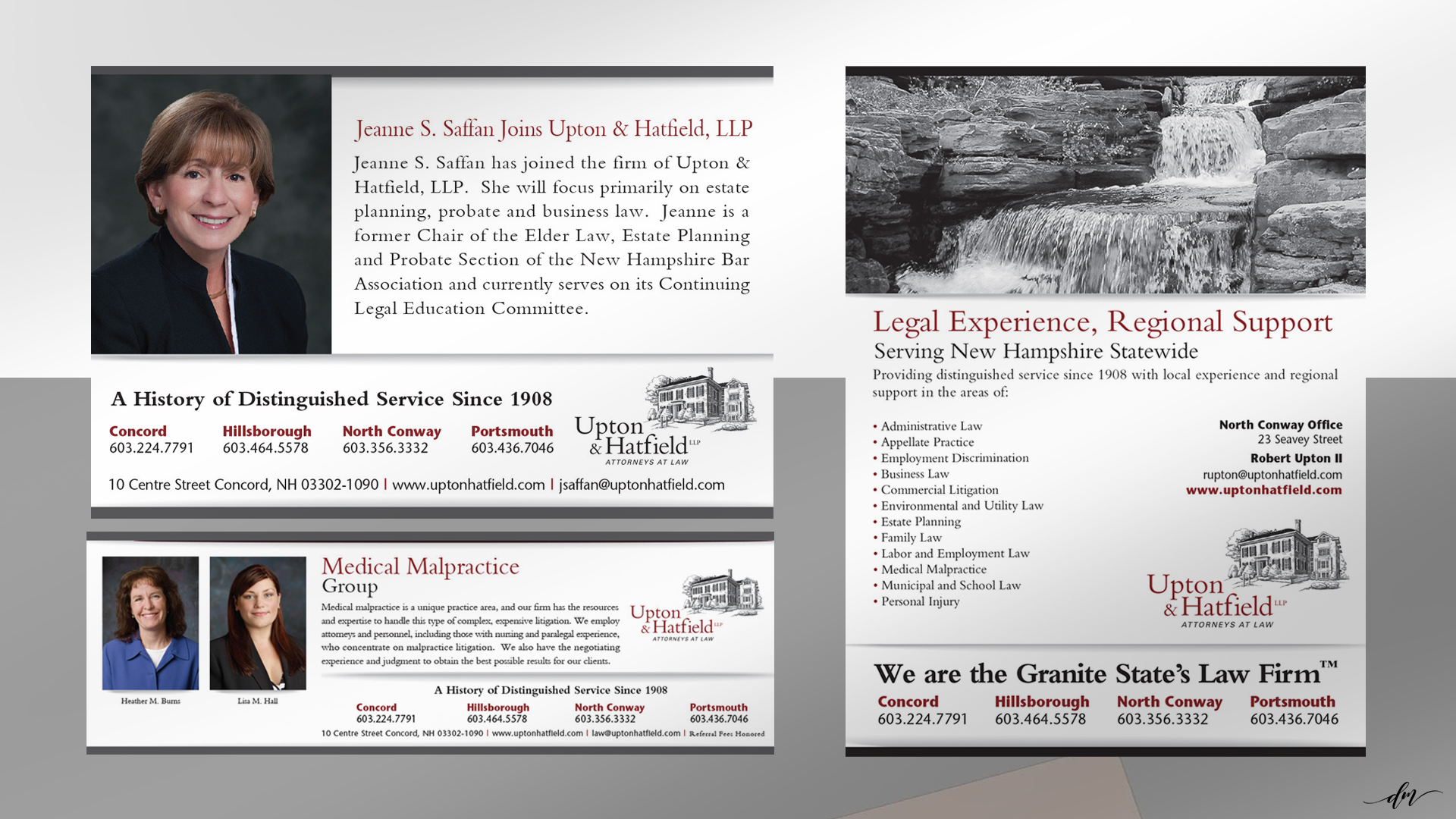 Series of advertisements introducing attorney Jeanne S. Saffon, highlighting Medical Malpractice expertise, and communicating the firm’s breadth of legal services.