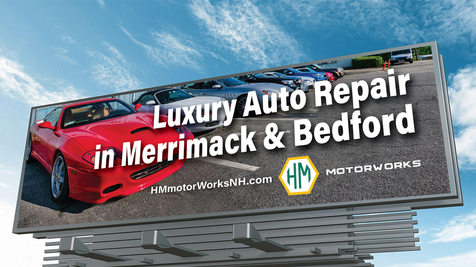 High-visibility billboard design for HM Motorworks, featuring premium automotive detailing and precision branding.