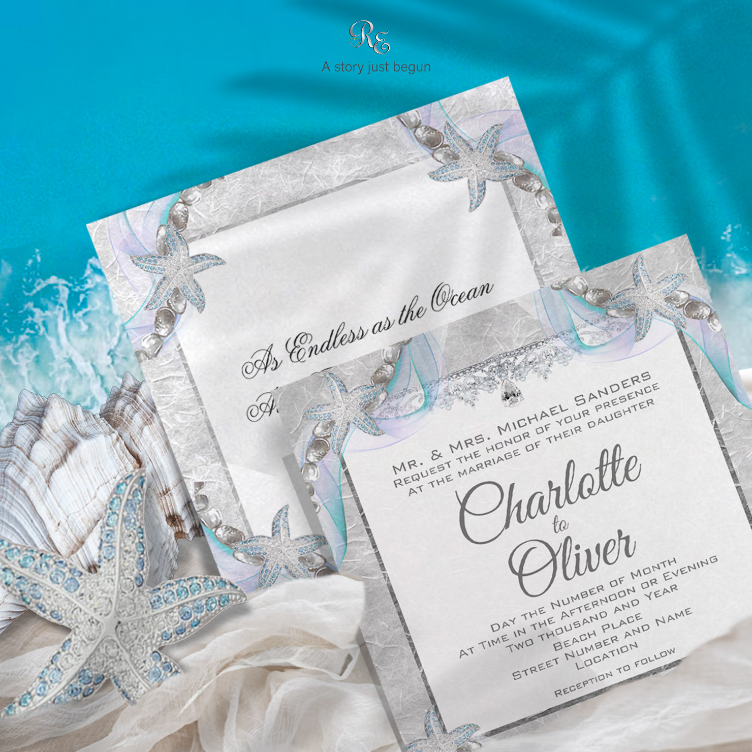 Elegant Starfish Beach wedding invitation with gemstone starfish, pearl shells, diamond accents, aqua and lilac ribbon swashes, and rice paper–style background.