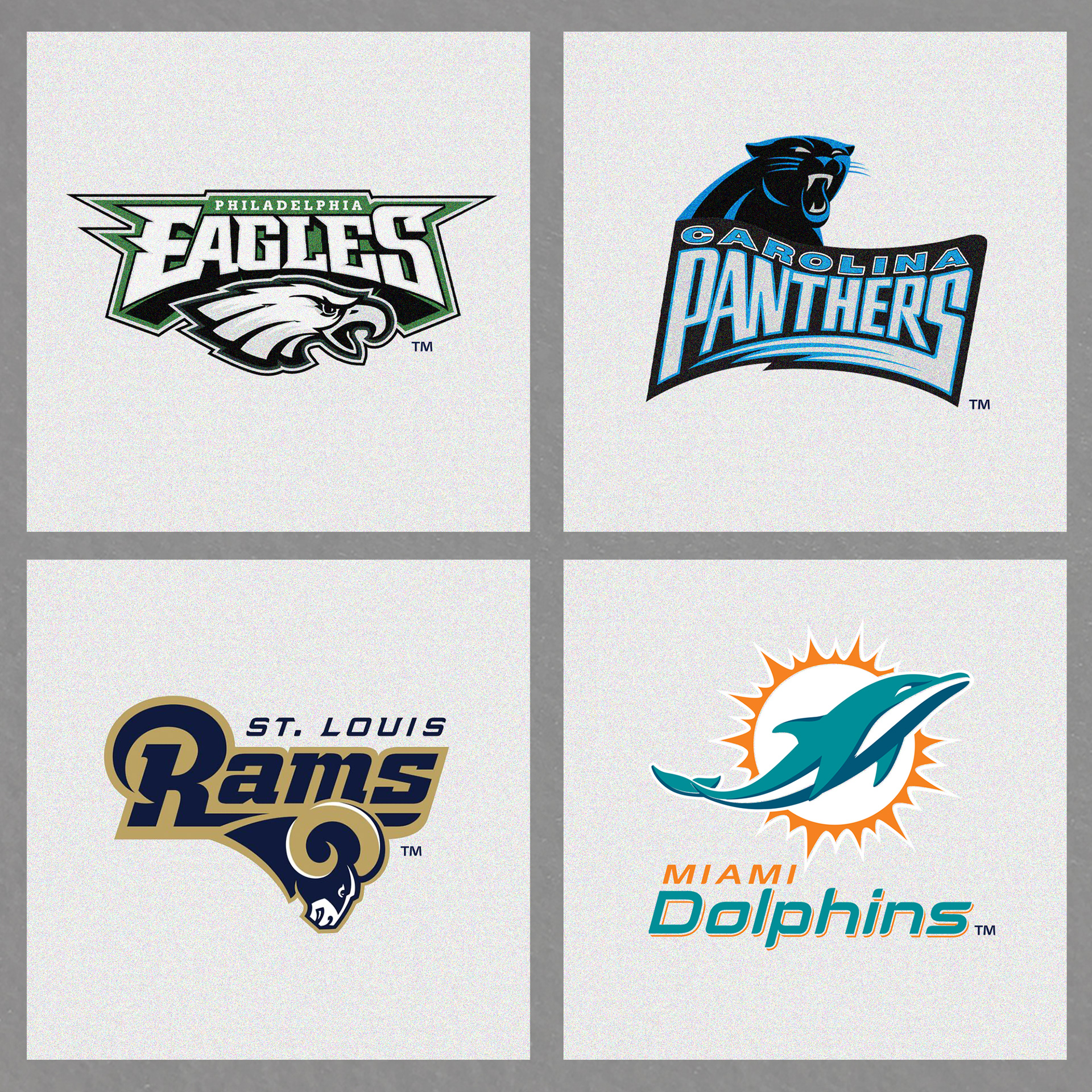 Digitized NFL logos Eagles, Panthers, Rams, Dolphins, printed on plastisol test squares (pellons) for screen printing accuracy and color calibration.
