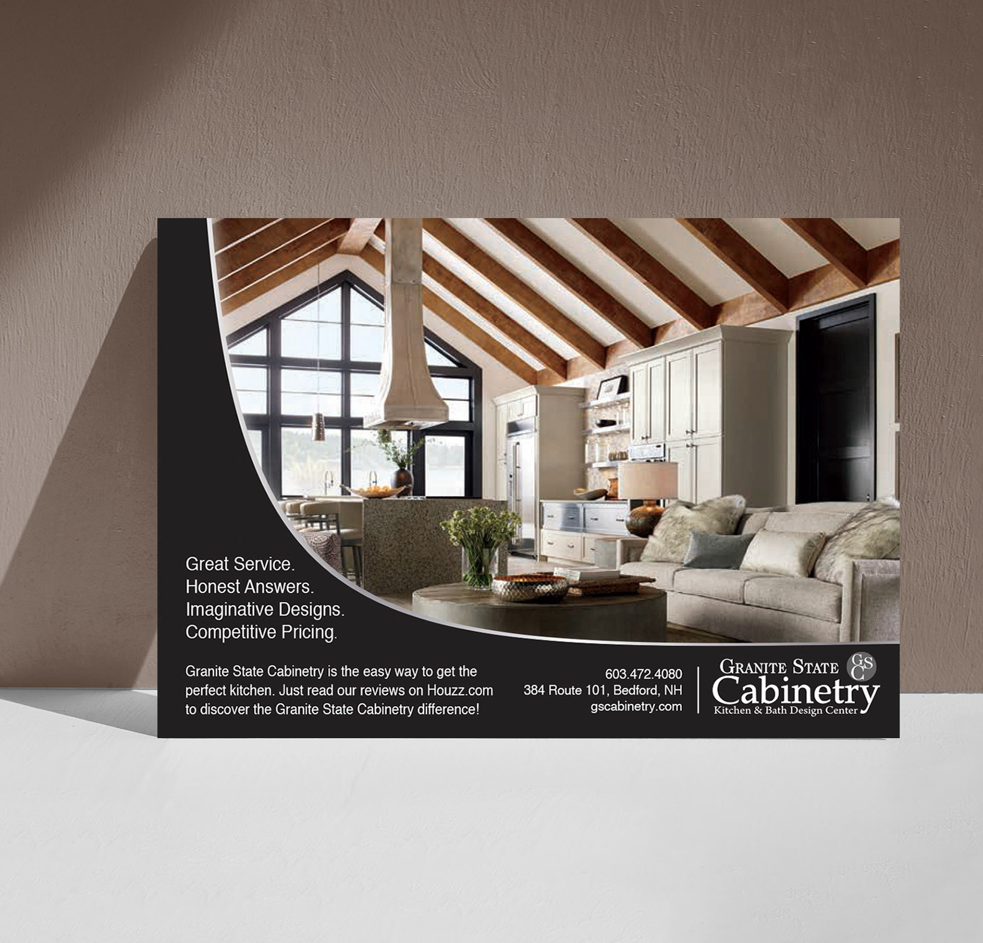 Showcasing GSC's clean, upscale ad redesign with a spacious kitchen interior.