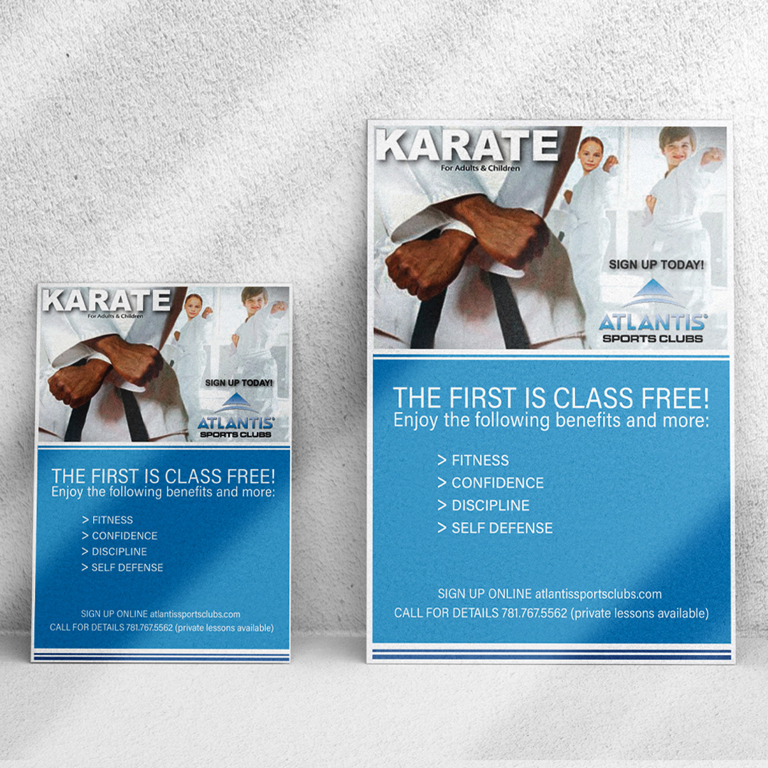 Bold and energetic flyer design promoting a free introductory karate class at Atlantis Sports Clubs