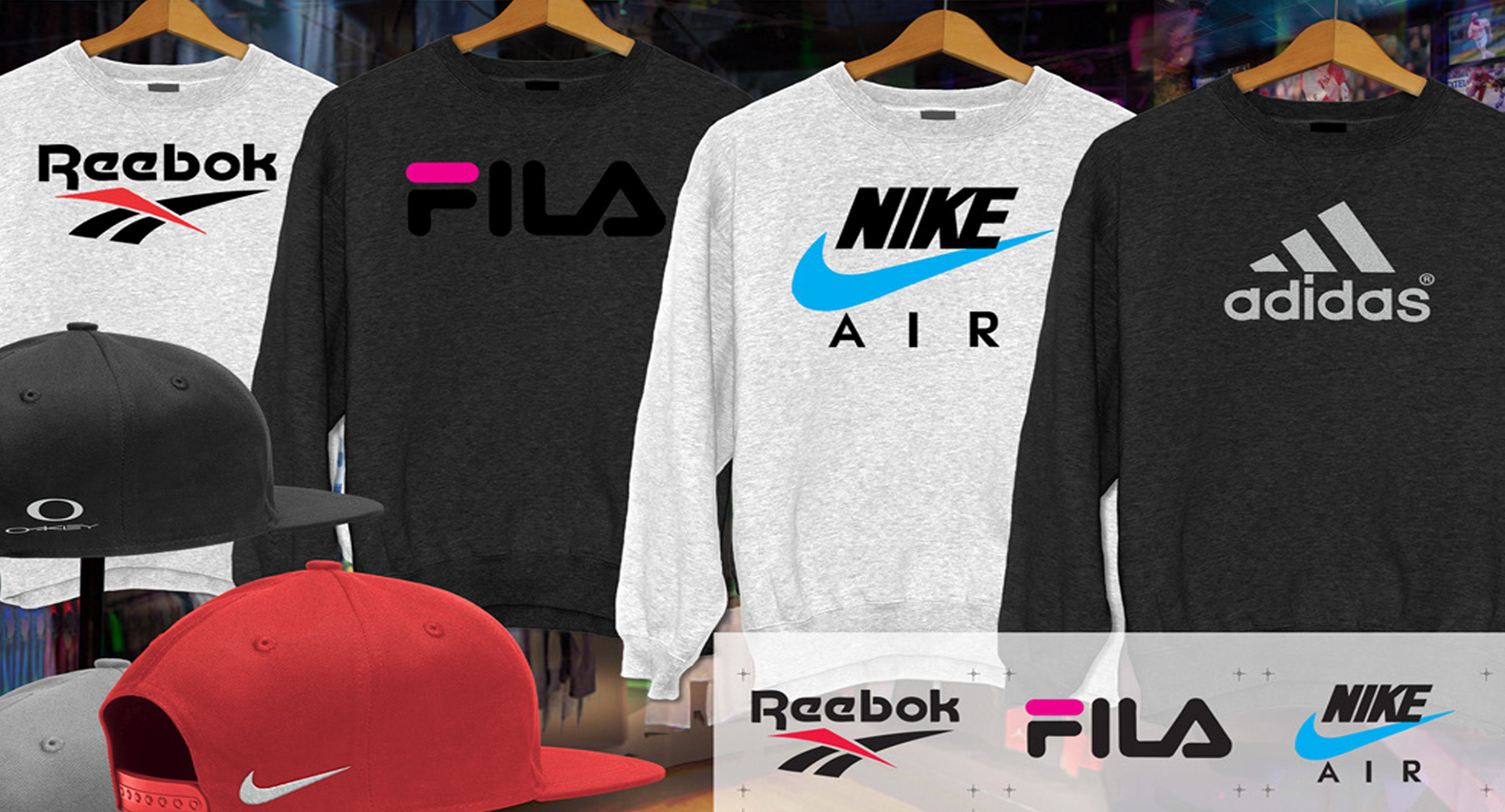 Retail-ready hoodies and hats featuring digitized logos for FILA, Nike Air, Reebok, and adidas, screen printed and embroidered for brand promotion.