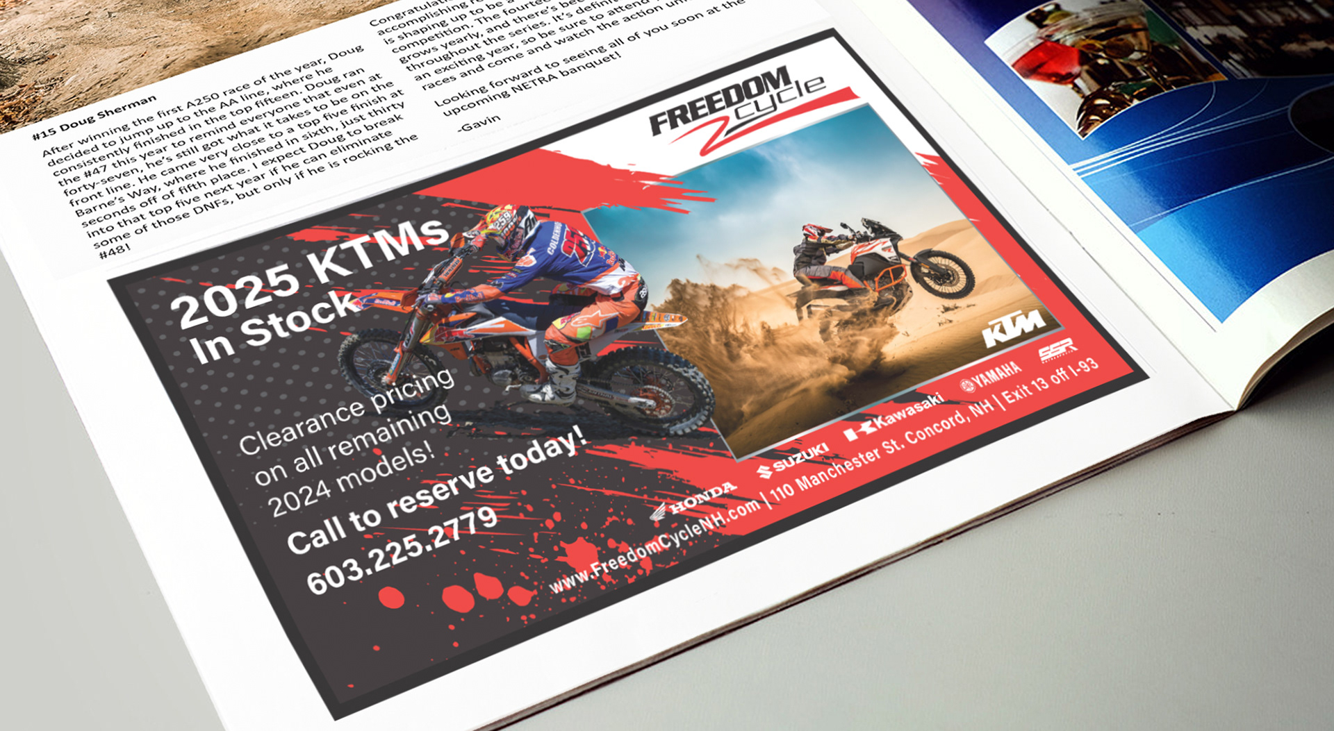Trail Rider Magazine ad featuring 2025 KTM models in stock. Part of an ongoing Freedom Cycle ad series regularly updated for print placement.