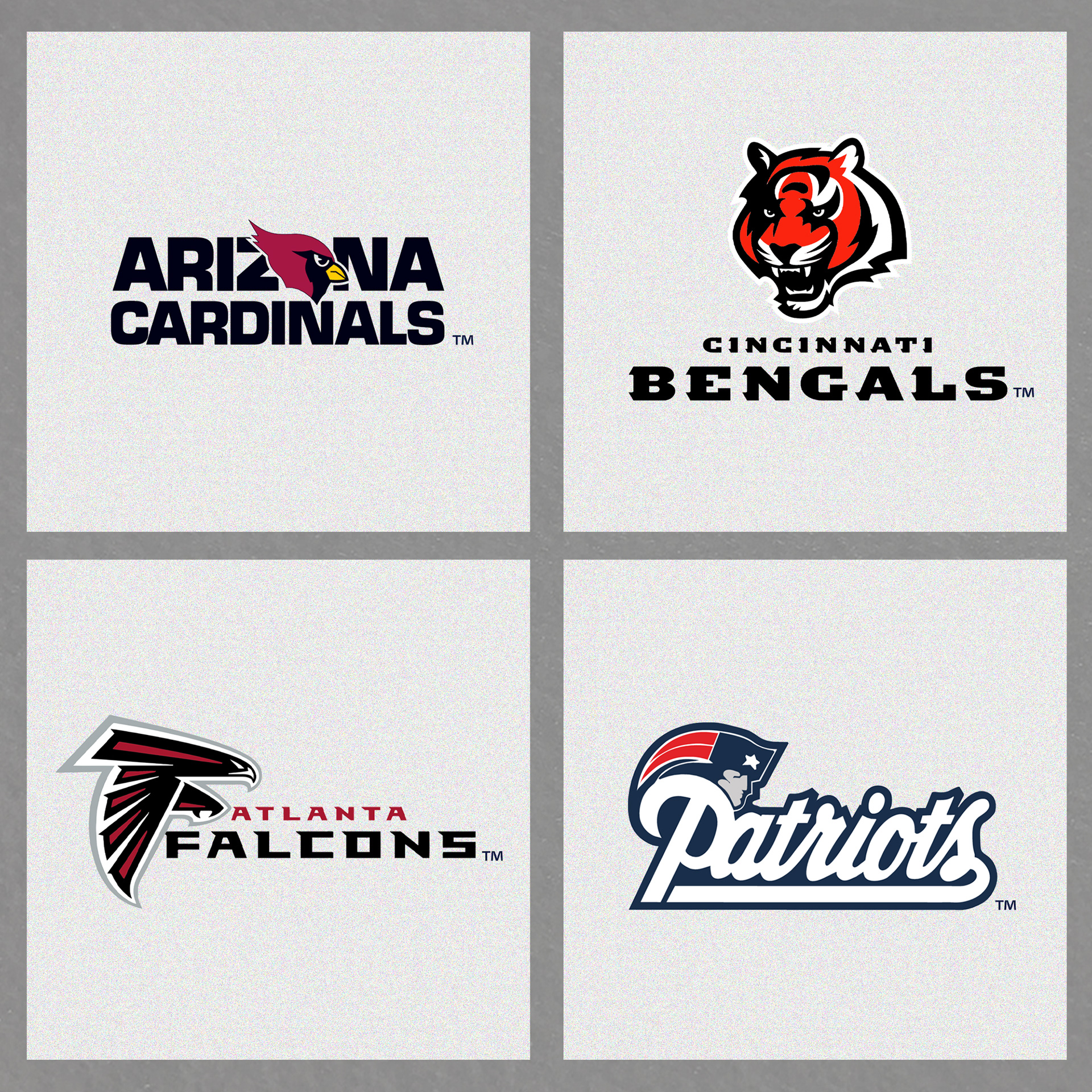 Digitized NFL logos Arizona Cardinals, Bengals, Falcons, Patriots, printed on plastisol test squares (pellons) for screen printing accuracy and color calibration.