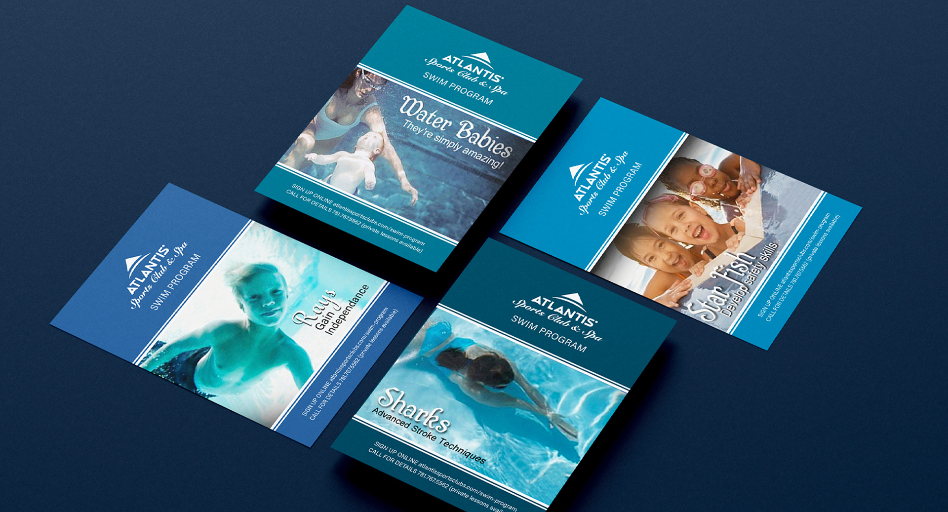 Swim level flyers designed with custom titles and subheads to define skill progression from baby swim to adult lessons.