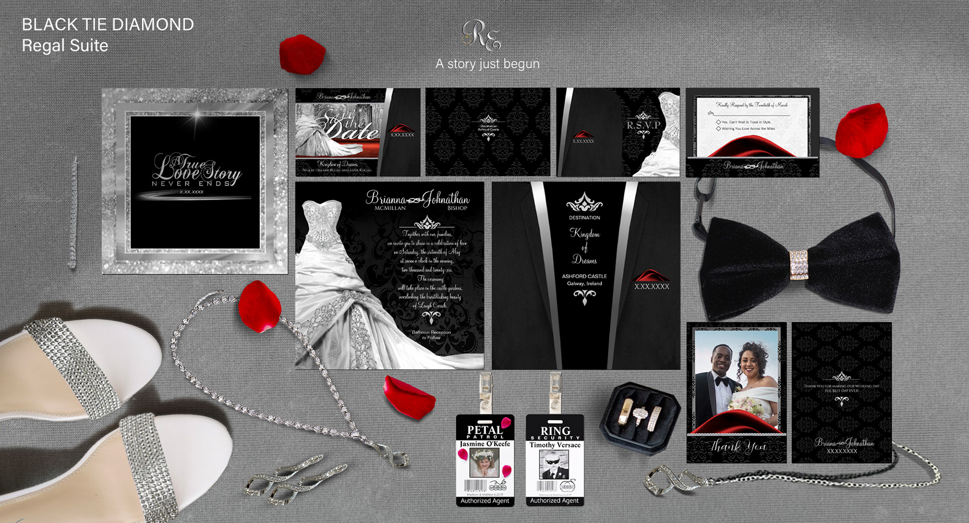 Luxury Black Tie Diamond wedding stationery for castle and destination weddings, featuring crystal-beaded ball gown design, black damask background, fleur-de-lis motifs, and customizable diamond-inspired details.