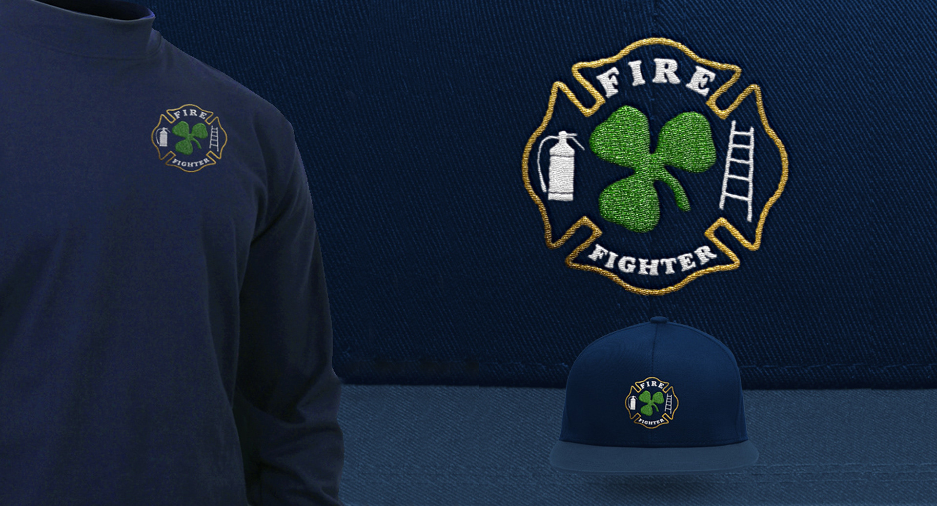 Green clover firefighter logo emblem in a gold outline with white ladder and fire extinguisher symbols, embroidered on navy long-sleeve shirts designed for clear, high-quality stitch output.