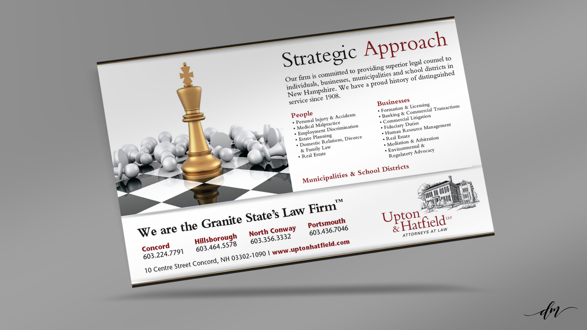Concept-driven advertisement using a distinctive chess metaphor to communicate strategic thinking, experience, and a focused approach to legal representation.