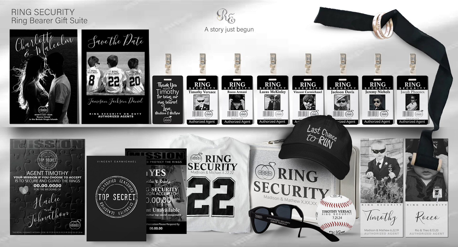A complete Ring Security gift suite with custom badges, Save the Date, and top secret puzzle invitation with hidden picture, silver lunch box top secret case, personalized sunglasses, baseball, and keepsake photo cards, crafted to celebrate the ring bearers’ mission with style and charm.