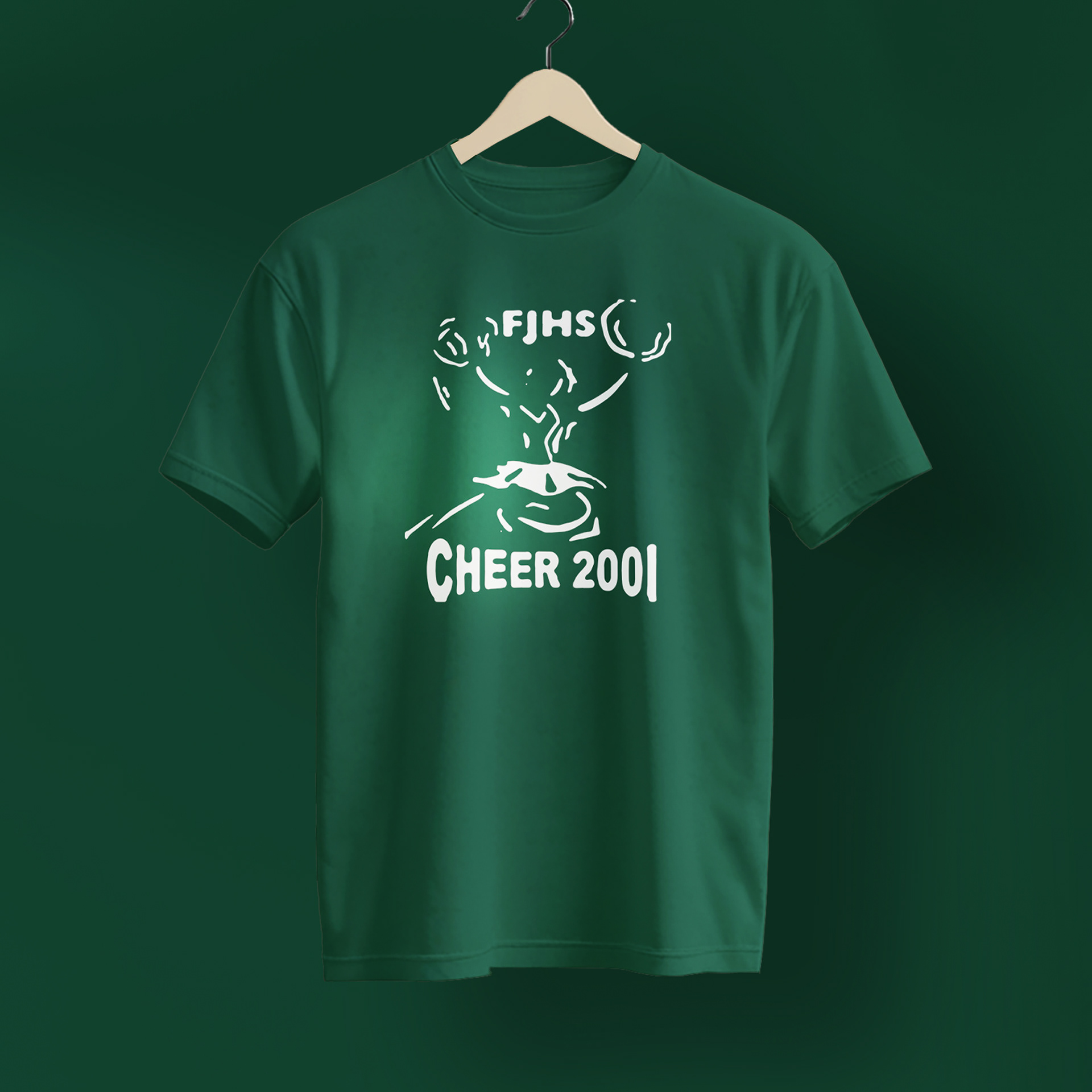 Bold Spirited cheer squad logo screen-printed in white on school green T-shirt