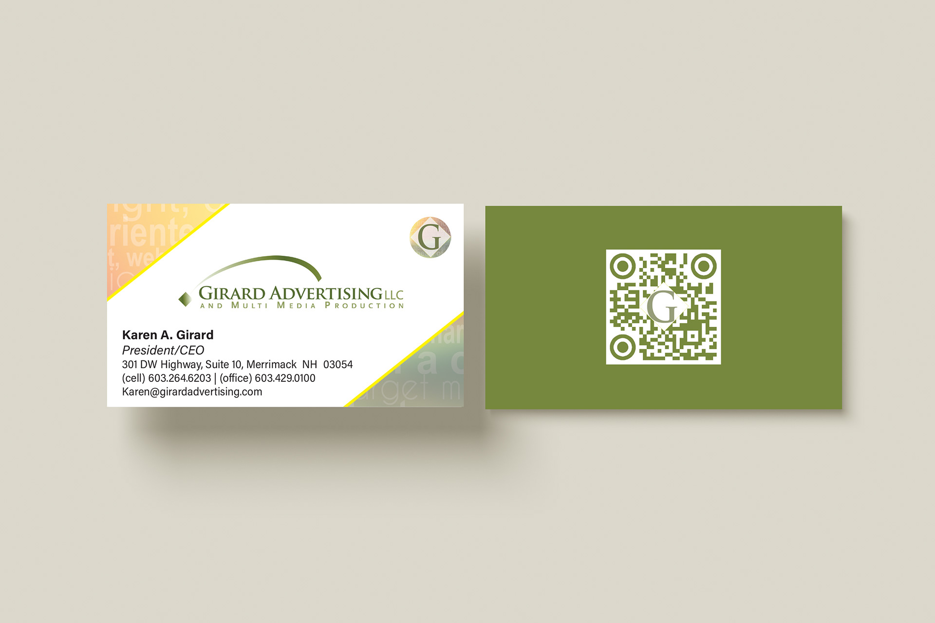 Girard Advertising business card design featuring the bold GA logo mark, creatively integrated with the geometric leg of the M&M character, emphasizing modern brand identity and precision.