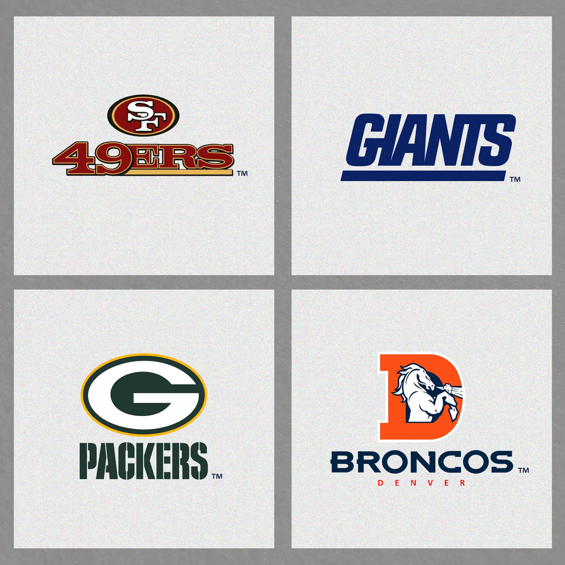 Digitized NFL logos 49ers, Giants, Packers Broncos, printed on plastisol test squares (pellons) for screen printing accuracy and color calibration.
