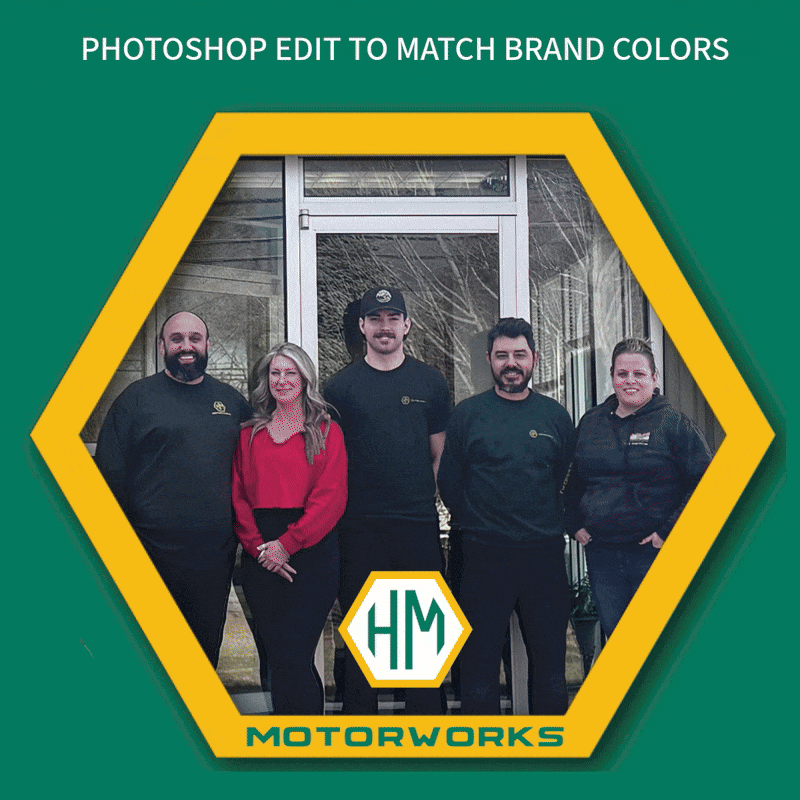 Photoshop animation showing before-and-after edit of a team photo where the owner’s wife’s pink shirt was changed to match the brand’s green color for a cohesive promotional look.